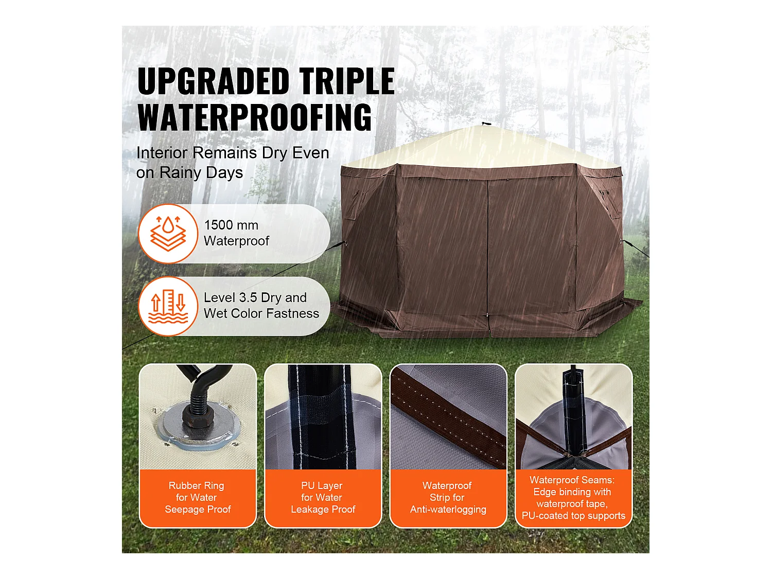 Tenda Tonnello Rilevabile a 6 Lati SucceBuy, Riposo Solare, Marrone, con Pannelli di Intimità Rimuovibili e Finestre in Maglia