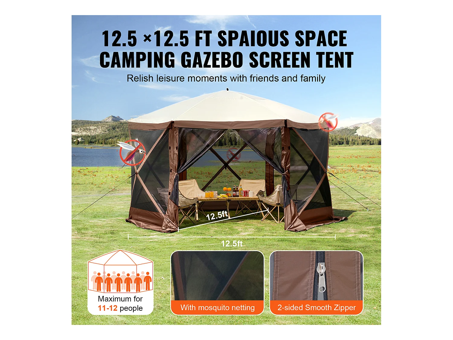 Tenda Tonnello Rilevabile a 6 Lati SucceBuy, Riposo Solare, Marrone, con Pannelli di Intimità Rimuovibili e Finestre in Maglia