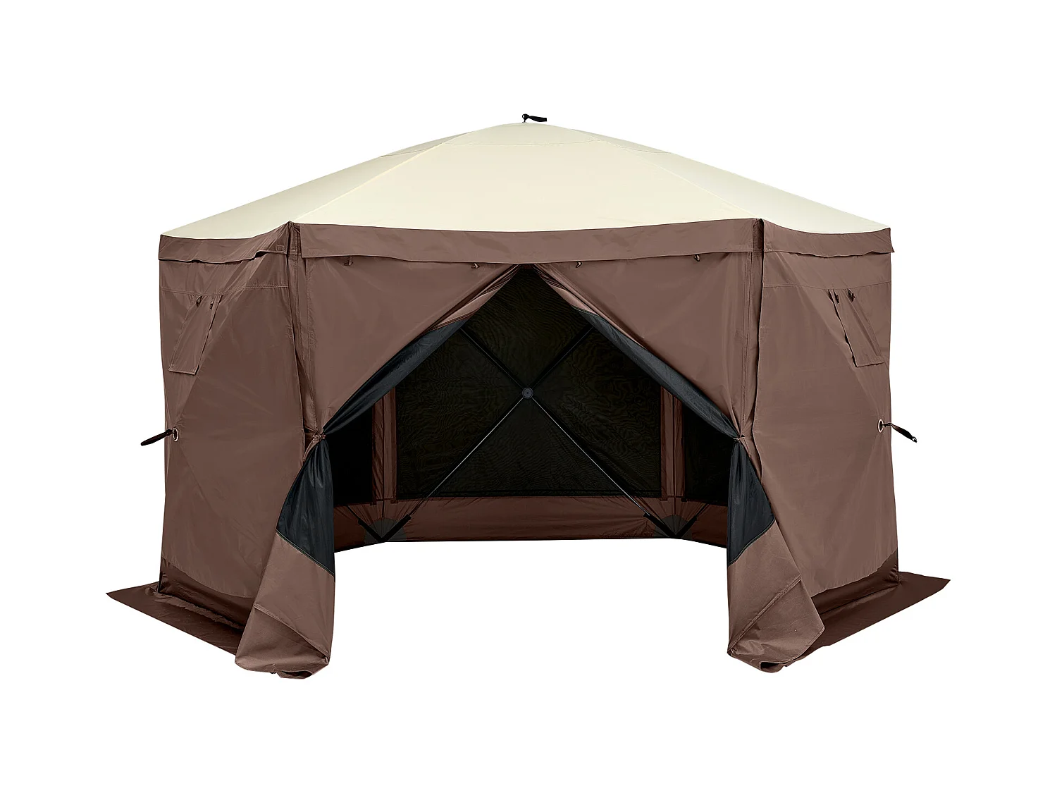 Tenda Tonnello Rilevabile a 6 Lati SucceBuy, Riposo Solare, Marrone, con Pannelli di Intimità Rimuovibili e Finestre in Maglia