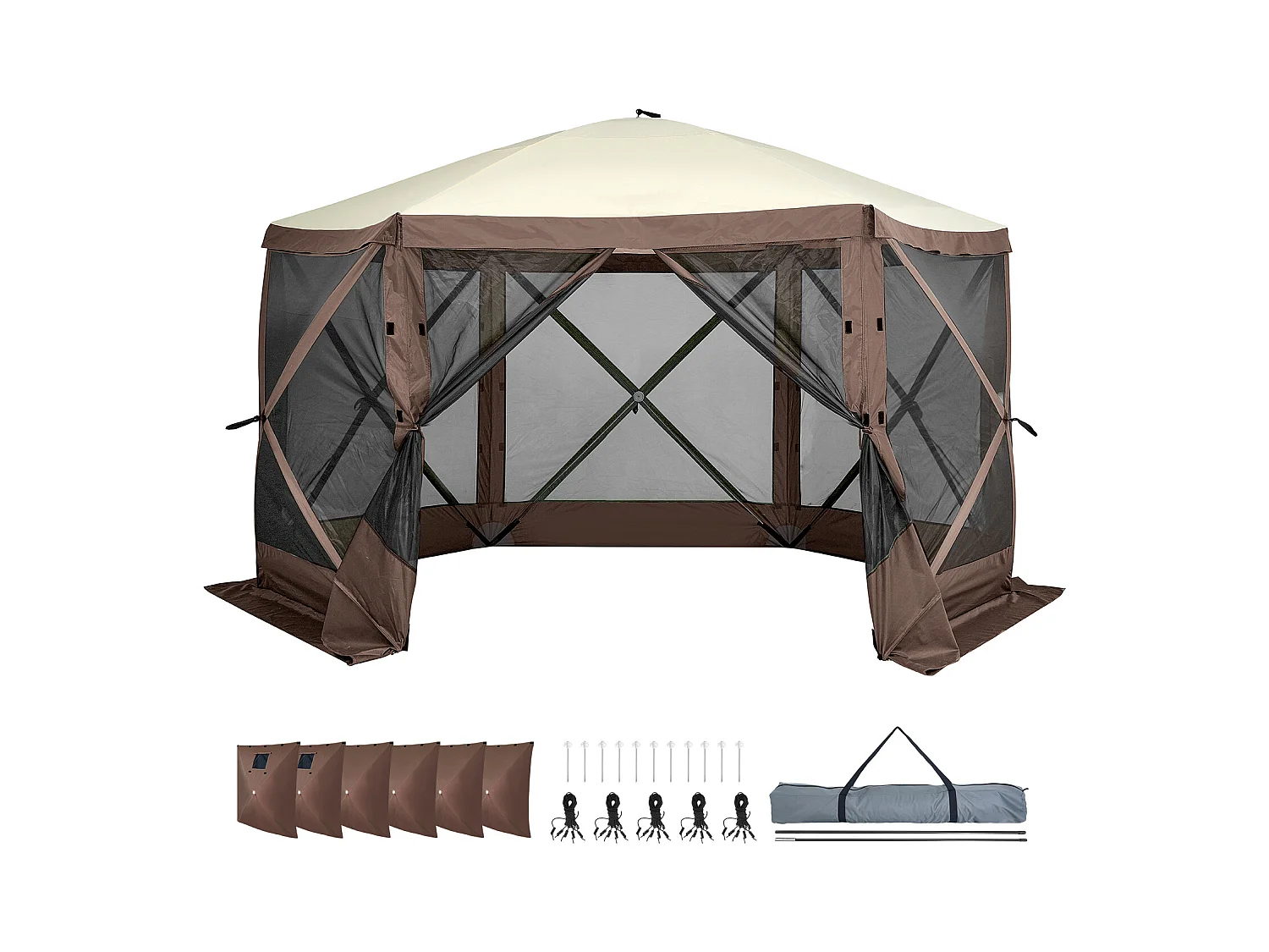 Tente Tonnelle Escamotable à 6 Côtés SucceBuy, Abri Solaire, Marron, avec Panneaux d'Intimité Amovibles et Fenêtres en Maille