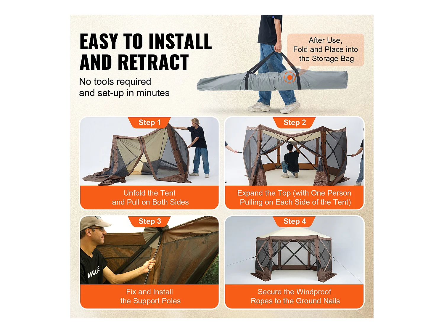 Tienda Toldo Desmontable de 6 Lados SucceBuy, Refugio Solar, Marrón, con Paneles de Intimidad Desmontables y Ventanas de Malla