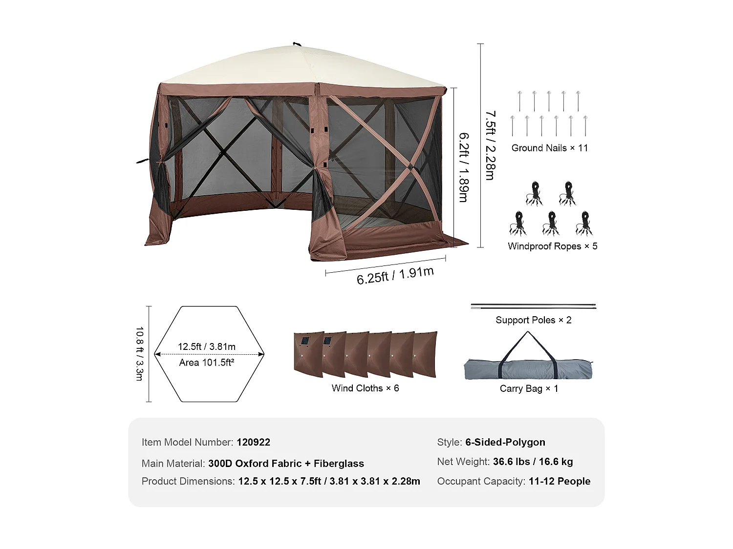 Tente Tonnelle Escamotable à 6 Côtés SucceBuy, Abri Solaire, Marron, avec Panneaux d'Intimité Amovibles et Fenêtres en Maille