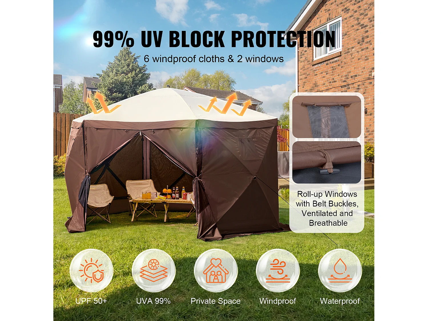 Tente Tonnelle Escamotable à 6 Côtés SucceBuy, Abri Solaire, Marron, avec Panneaux d'Intimité Amovibles et Fenêtres en Maille