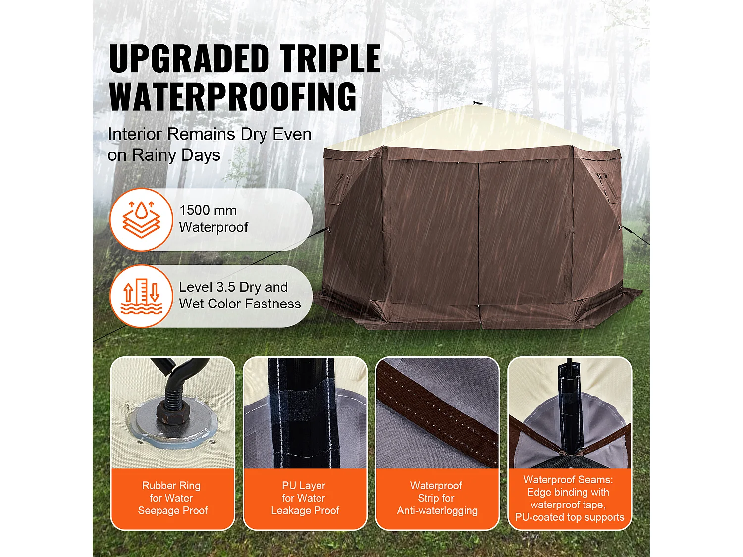 Tente Tonnelle Escamotable à 6 Côtés SucceBuy, Abri Solaire, Marron, avec Panneaux d'Intimité Amovibles et Fenêtres en Maille