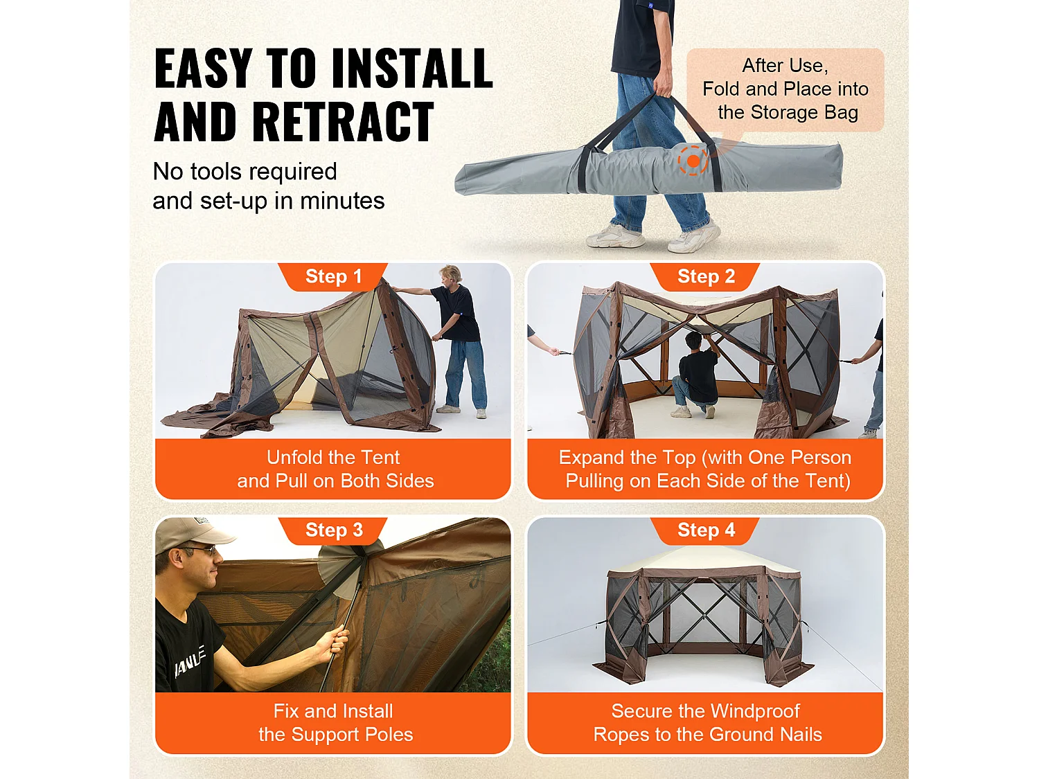 Tente Tonnelle Escamotable à 6 Côtés SucceBuy, Abri Solaire, Marron, avec Panneaux d'Intimité Amovibles et Fenêtres en Maille