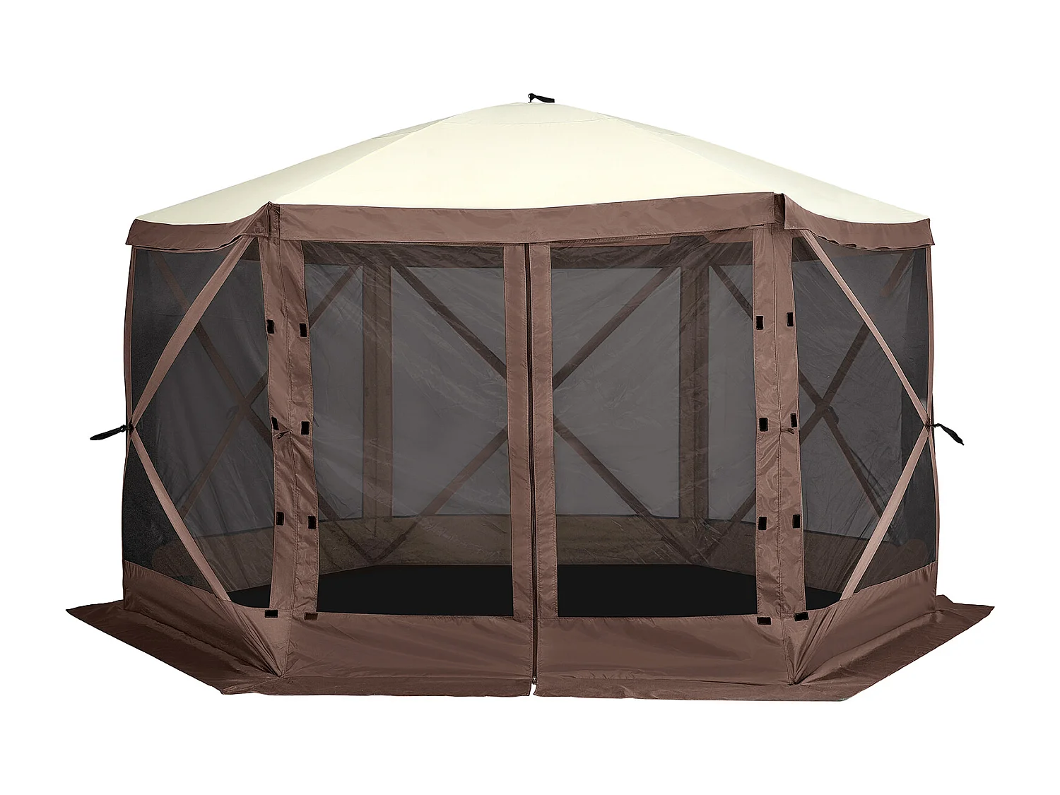 Tente Tonnelle Escamotable à 6 Côtés SucceBuy, Abri Solaire, Marron, avec Panneaux d'Intimité Amovibles et Fenêtres en Maille