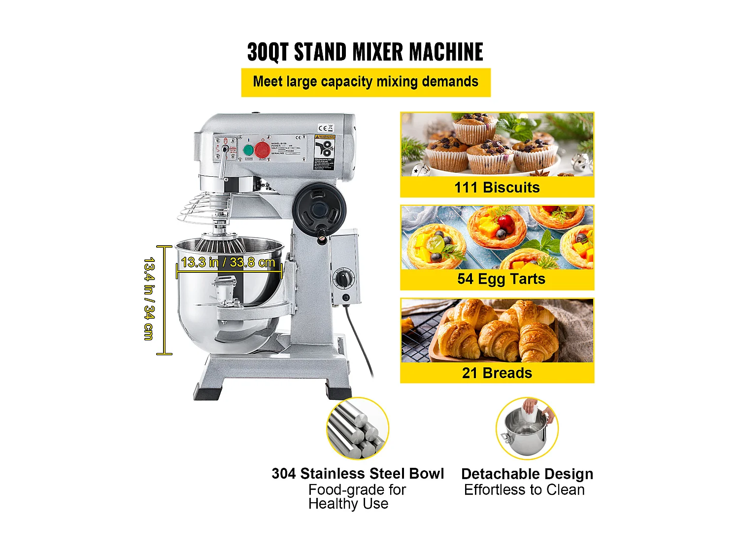 Robot Pâtissier en acier inoxydable SucceBuy, Mélangeur à Pâte Commercial Batteur sur Socle Commercial SucceBuy 30Qt 3 Vitesses 1100W