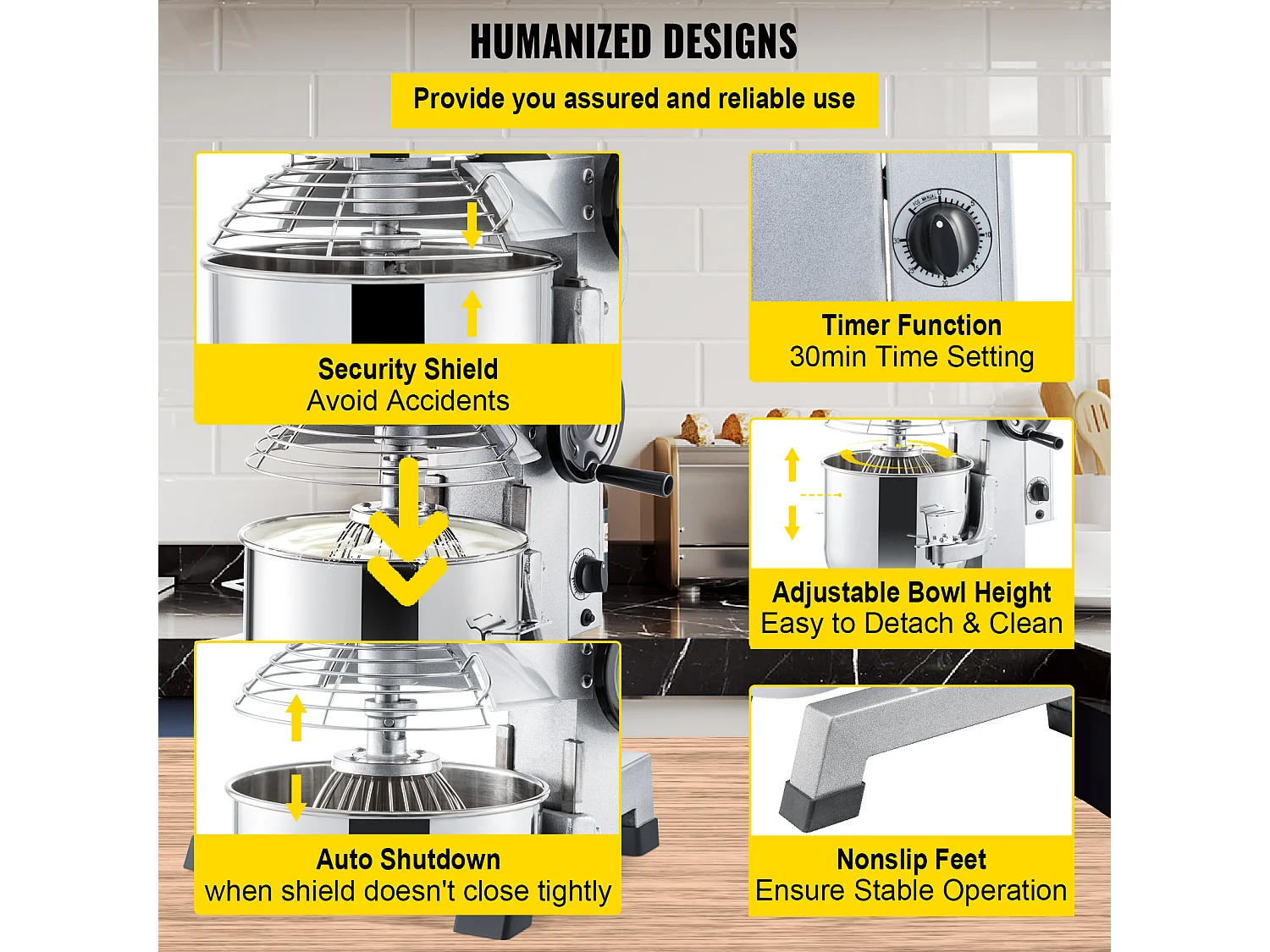 Robot Pâtissier en acier inoxydable SucceBuy, Mélangeur à Pâte Commercial Batteur sur Socle Commercial SucceBuy 30Qt 3 Vitesses 1100W