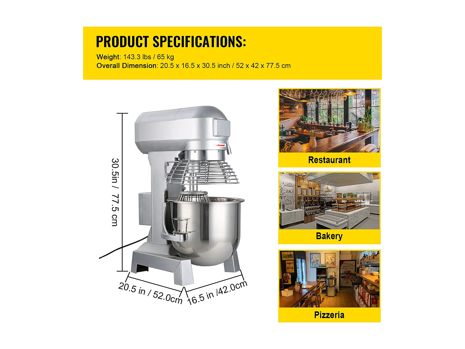 Robot Pâtissier SucceBuy Mélangeur à Pâte Commercial 20 Qt, Mélangeur Industriel à 3 Vitesses pour Boulangeries