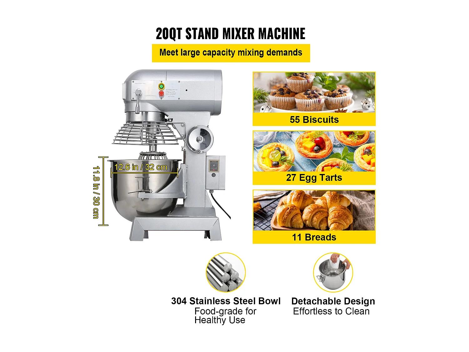 Robot Pâtissier SucceBuy Mélangeur à Pâte Commercial 20 Qt, Mélangeur Industriel à 3 Vitesses pour Boulangeries