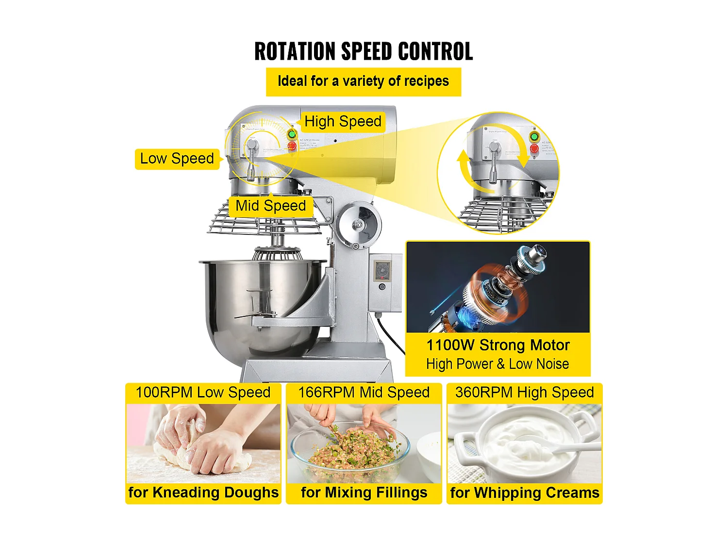 Robot Pâtissier SucceBuy Mélangeur à Pâte Commercial 20 Qt, Mélangeur Industriel à 3 Vitesses pour Boulangeries