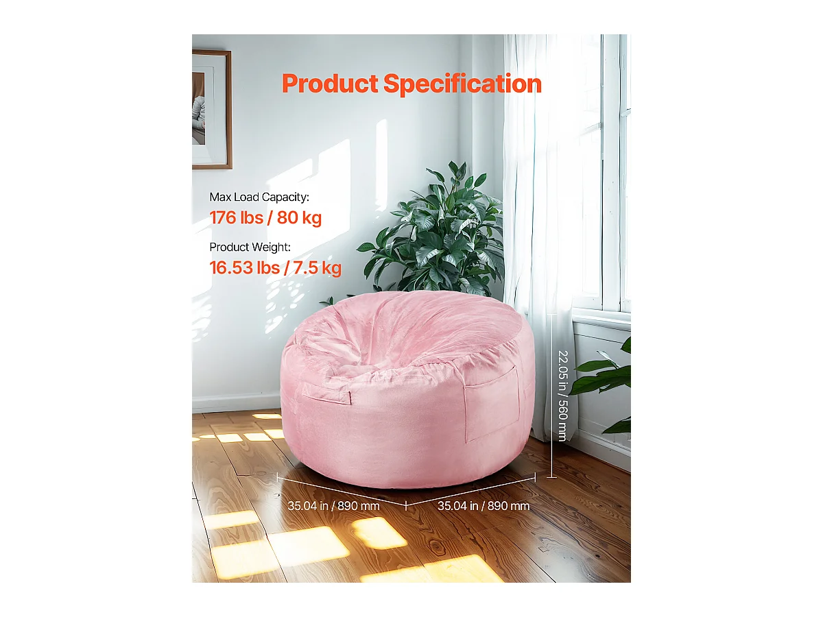 Pouf Rond SucceBuy , 90 cm de Diamètre, Housse Amovible et Lavable, Mousse à Mémoire de Forme 25D, Velours Hollandais Doux, Chambre/Salle de Jeux, Rose