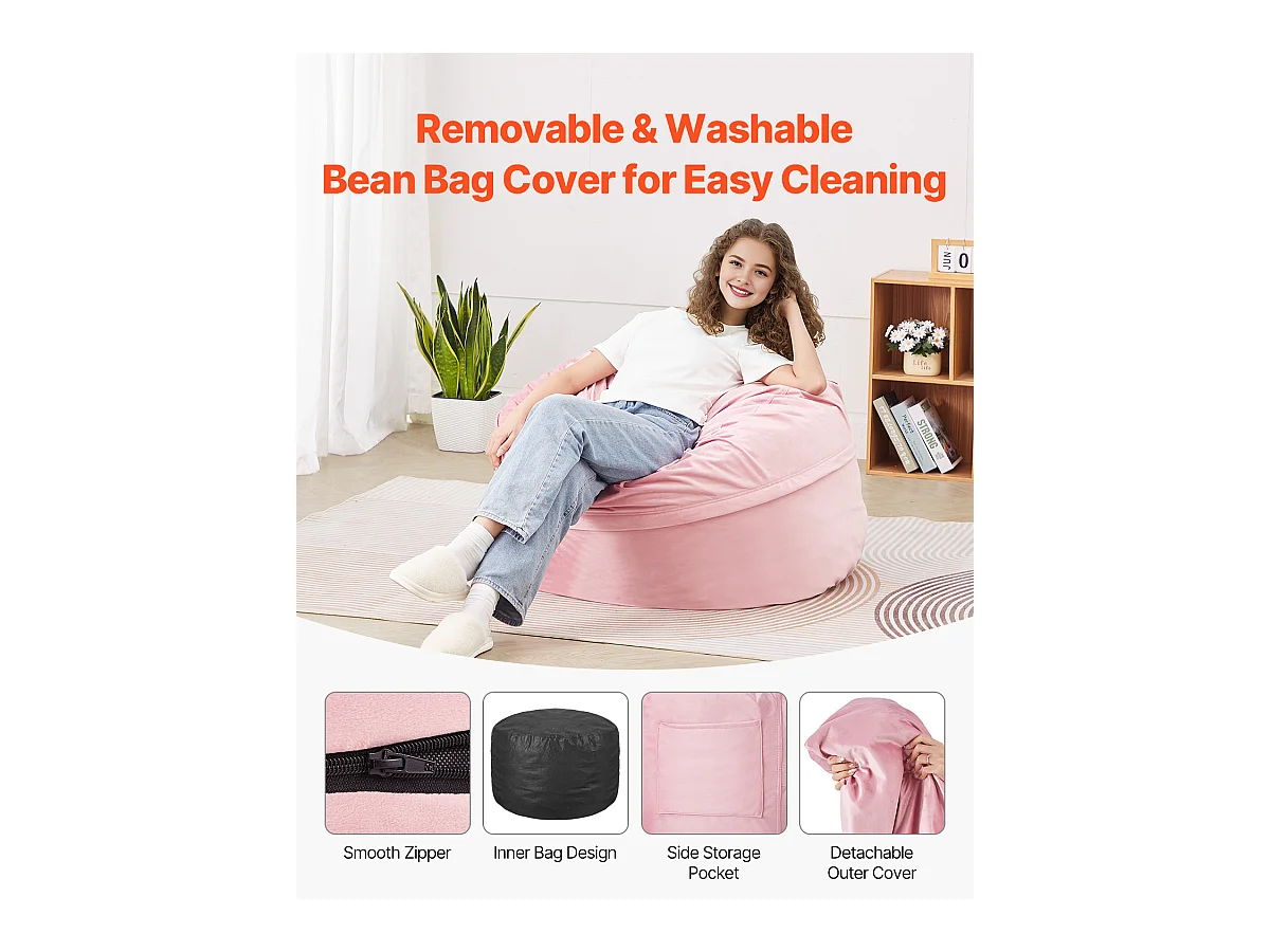 Pouf Rond SucceBuy , 90 cm de Diamètre, Housse Amovible et Lavable, Mousse à Mémoire de Forme 25D, Velours Hollandais Doux, Chambre/Salle de Jeux, Rose