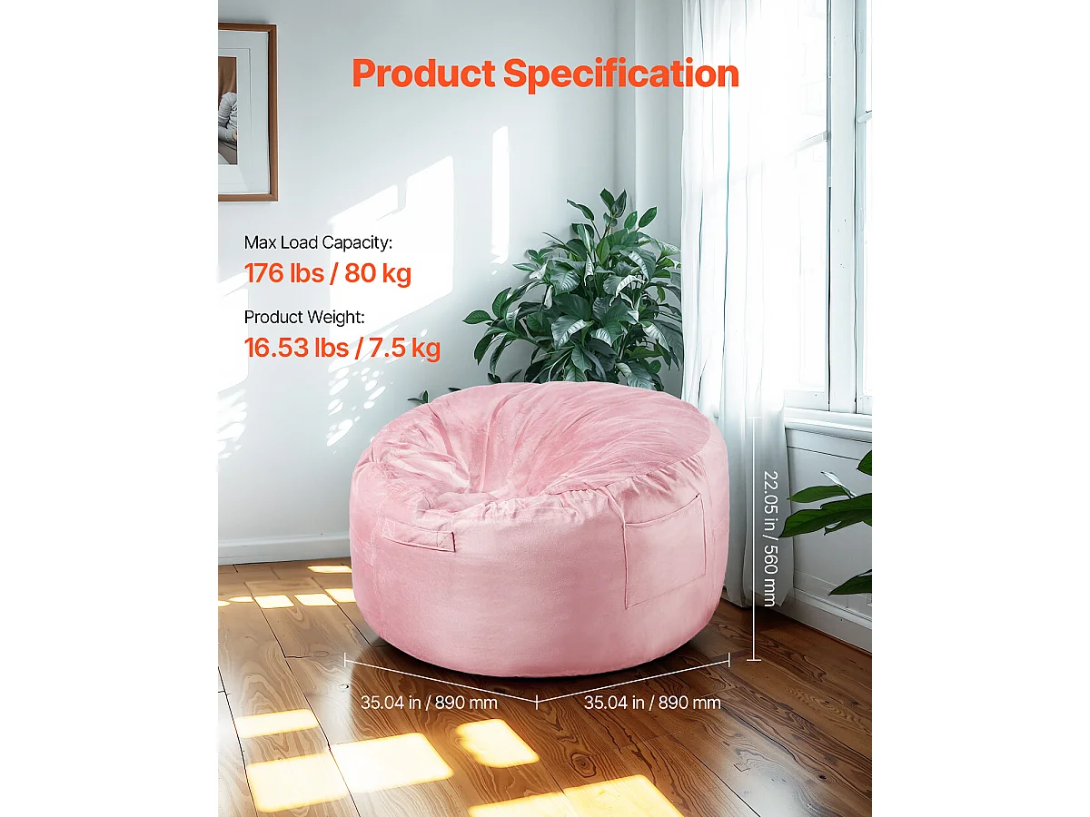 Pouf Rond SucceBuy , 90 cm de Diamètre, Housse Amovible et Lavable, Mousse à Mémoire de Forme 25D, Velours Hollandais Doux, Chambre/Salle de Jeux, Rose