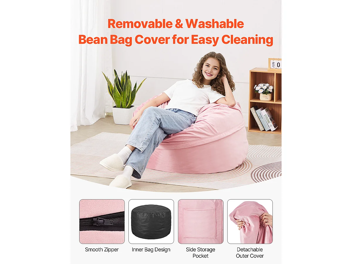 Pouf Rond SucceBuy , 90 cm de Diamètre, Housse Amovible et Lavable, Mousse à Mémoire de Forme 25D, Velours Hollandais Doux, Chambre/Salle de Jeux, Rose