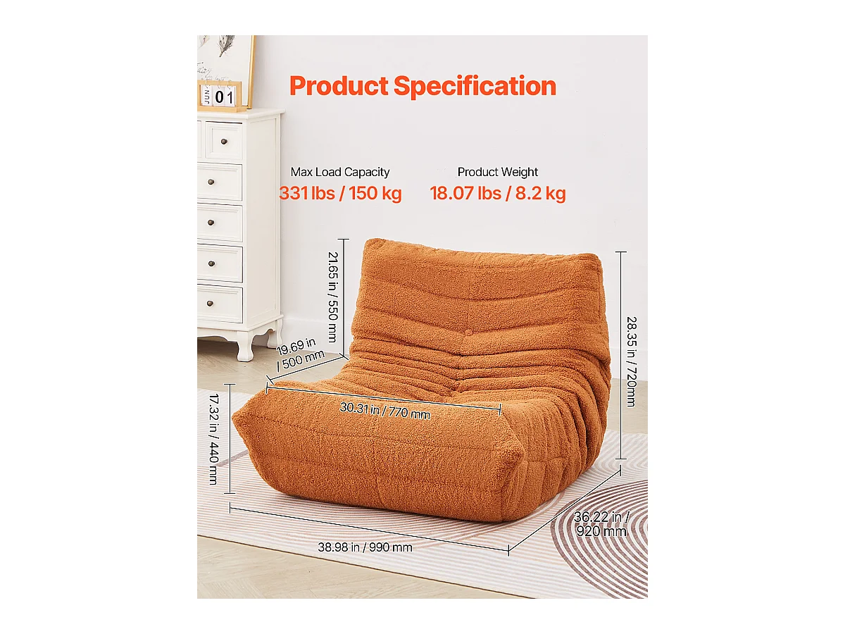 Pouf en L SucceBuy, Mousse à Mémoire de Forme 25D, Accoudoirs Souples Poche de Rangement, Housse en Velours Teddy, Marron