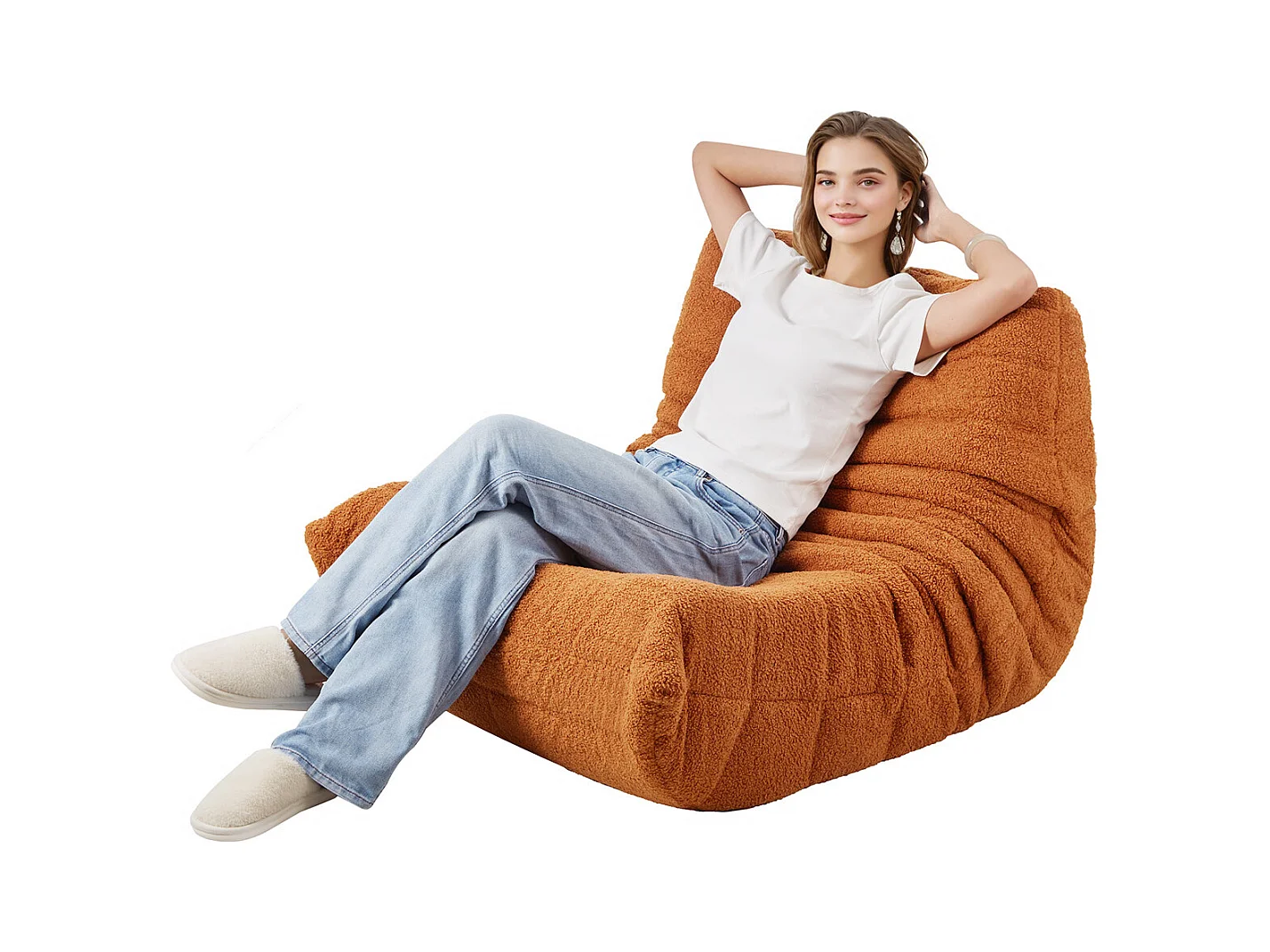 Pouf en L SucceBuy, Mousse à Mémoire de Forme 25D, Accoudoirs Souples Poche de Rangement, Housse en Velours Teddy, Marron