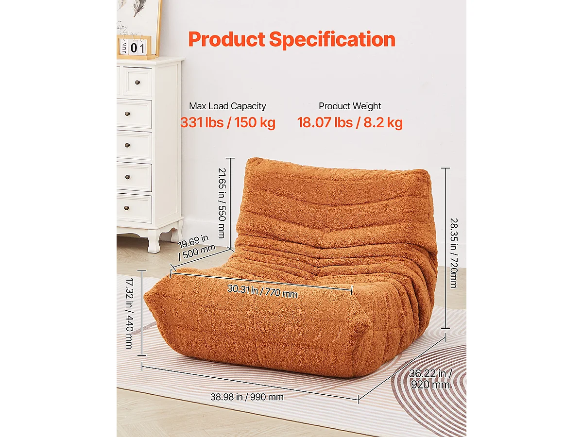 Pouf en L SucceBuy, Mousse à Mémoire de Forme 25D, Accoudoirs Souples Poche de Rangement, Housse en Velours Teddy, Marron