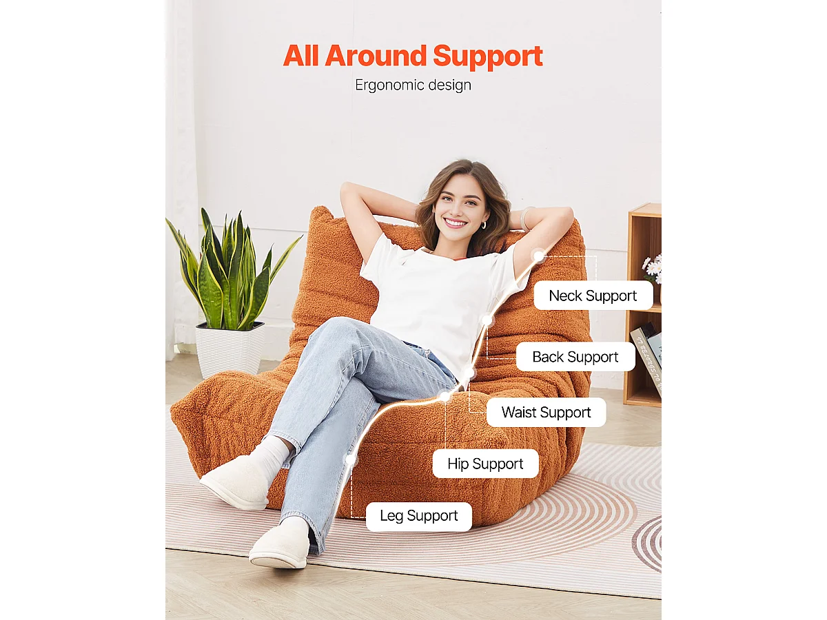 Pouf en L SucceBuy, Mousse à Mémoire de Forme 25D, Accoudoirs Souples Poche de Rangement, Housse en Velours Teddy, Marron