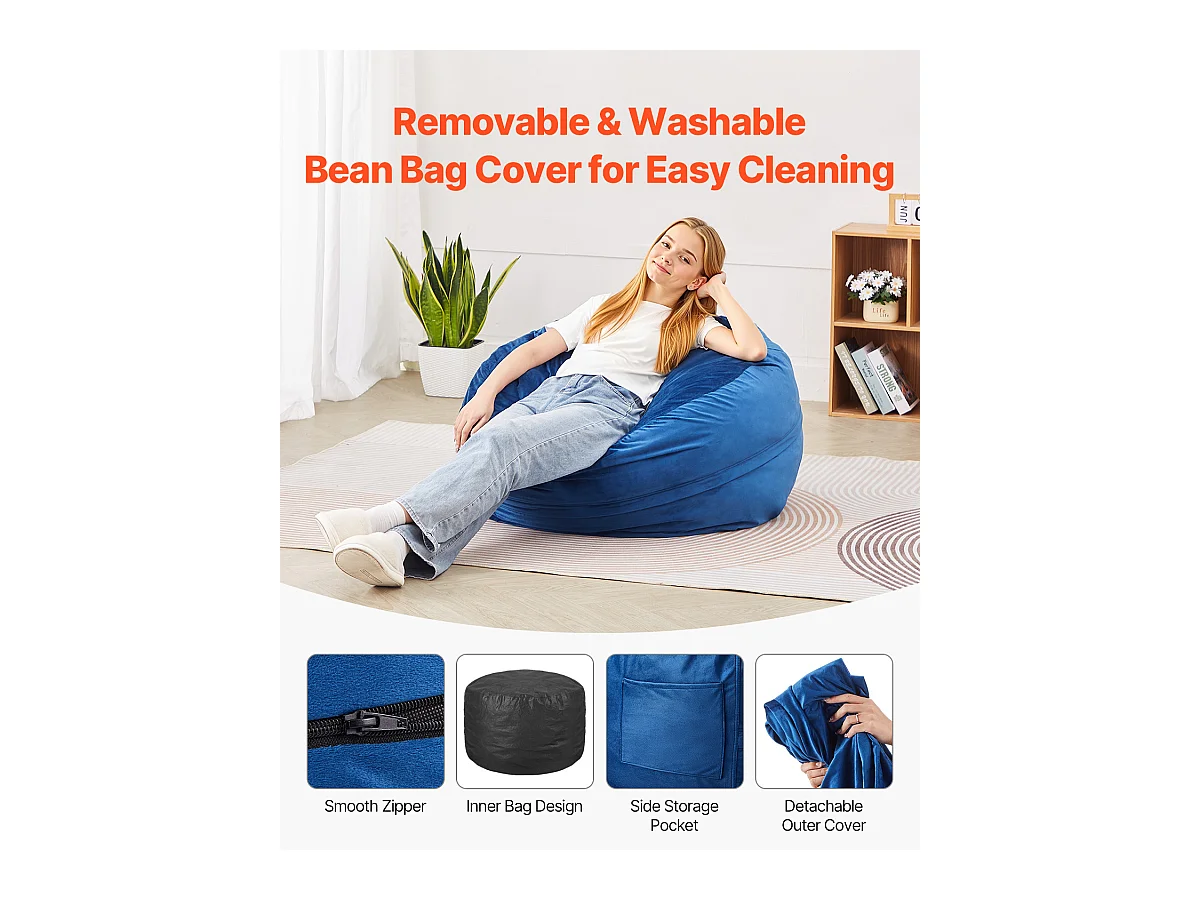 Pouf Rond SucceBuy de 90 cm - Housse Amovible et Lavable. Rempli de Mousse à Mémoire de Forme 25D, Velours Hollandais Doux, Bleu