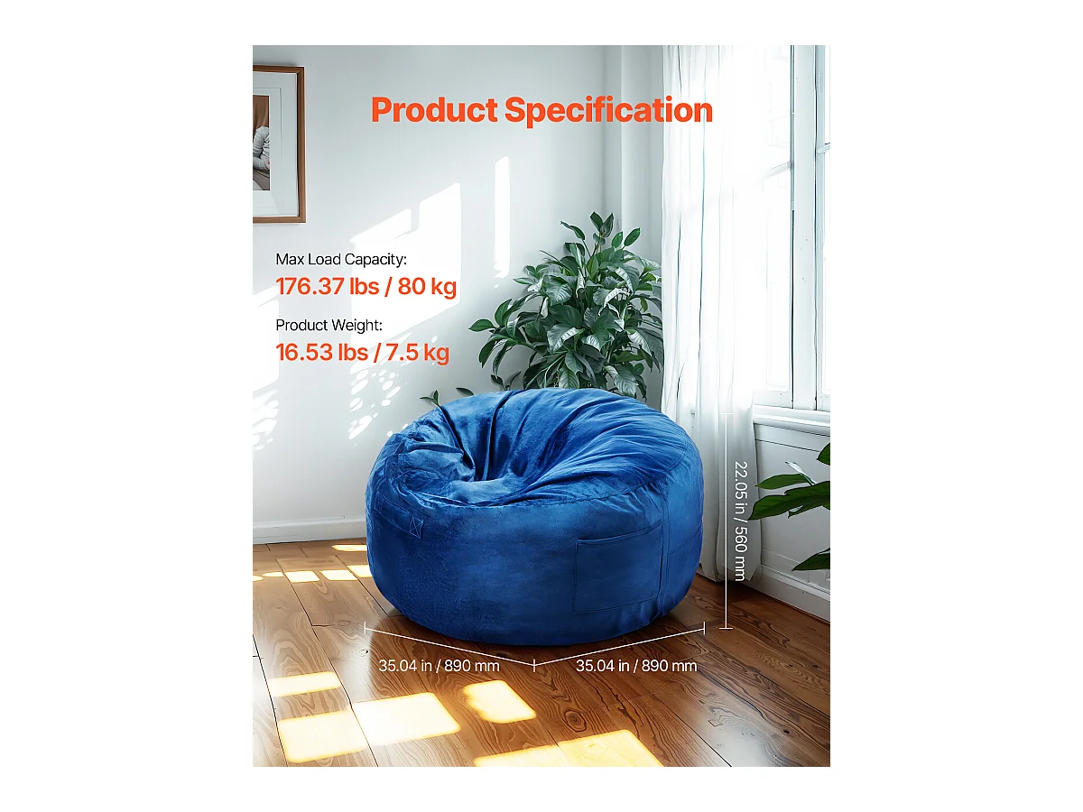 Pouf Rond SucceBuy de 90 cm - Housse Amovible et Lavable. Rempli de Mousse à Mémoire de Forme 25D, Velours Hollandais Doux, Bleu