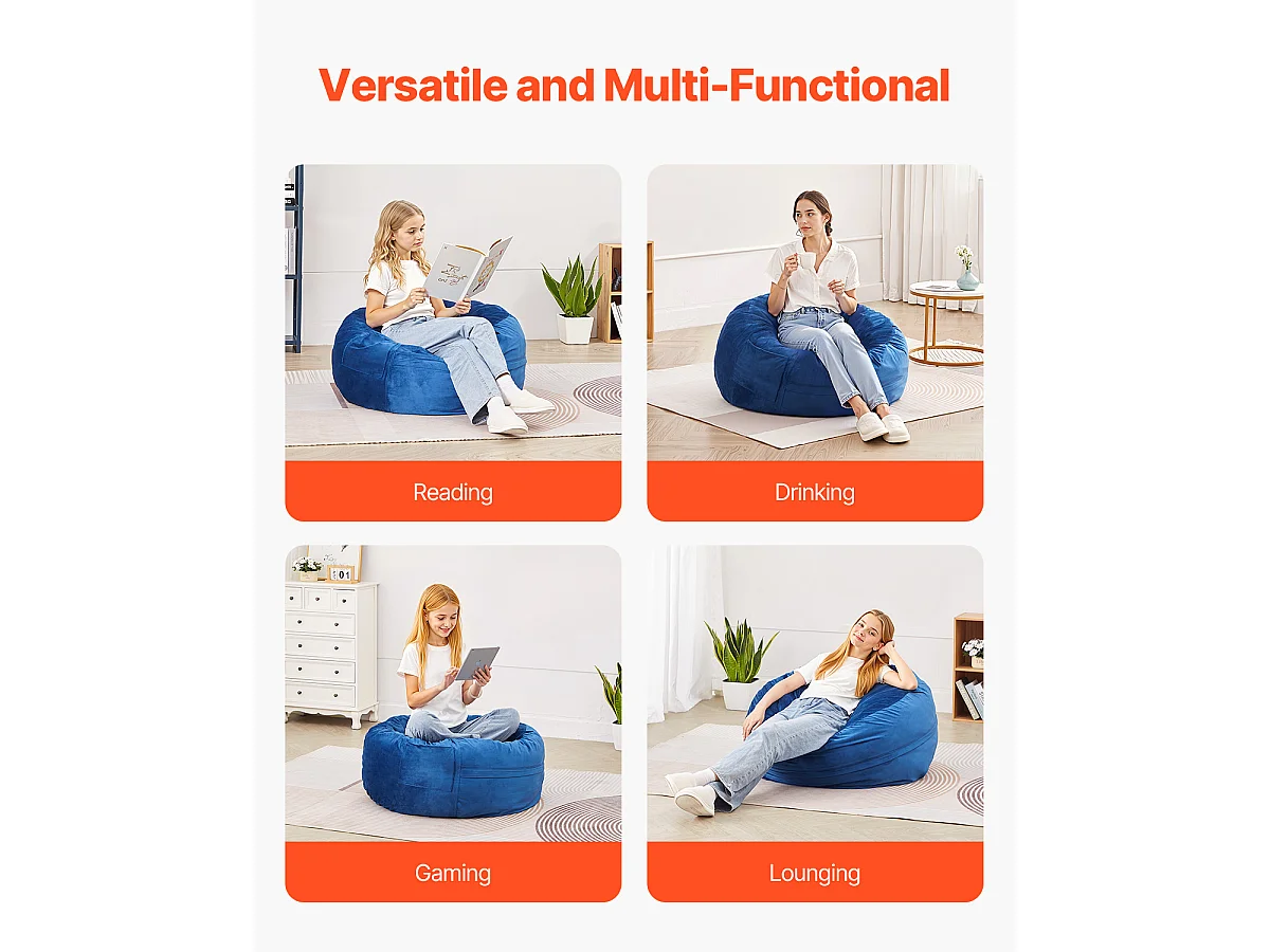 Pouf Rond SucceBuy de 90 cm - Housse Amovible et Lavable. Rempli de Mousse à Mémoire de Forme 25D, Velours Hollandais Doux, Bleu