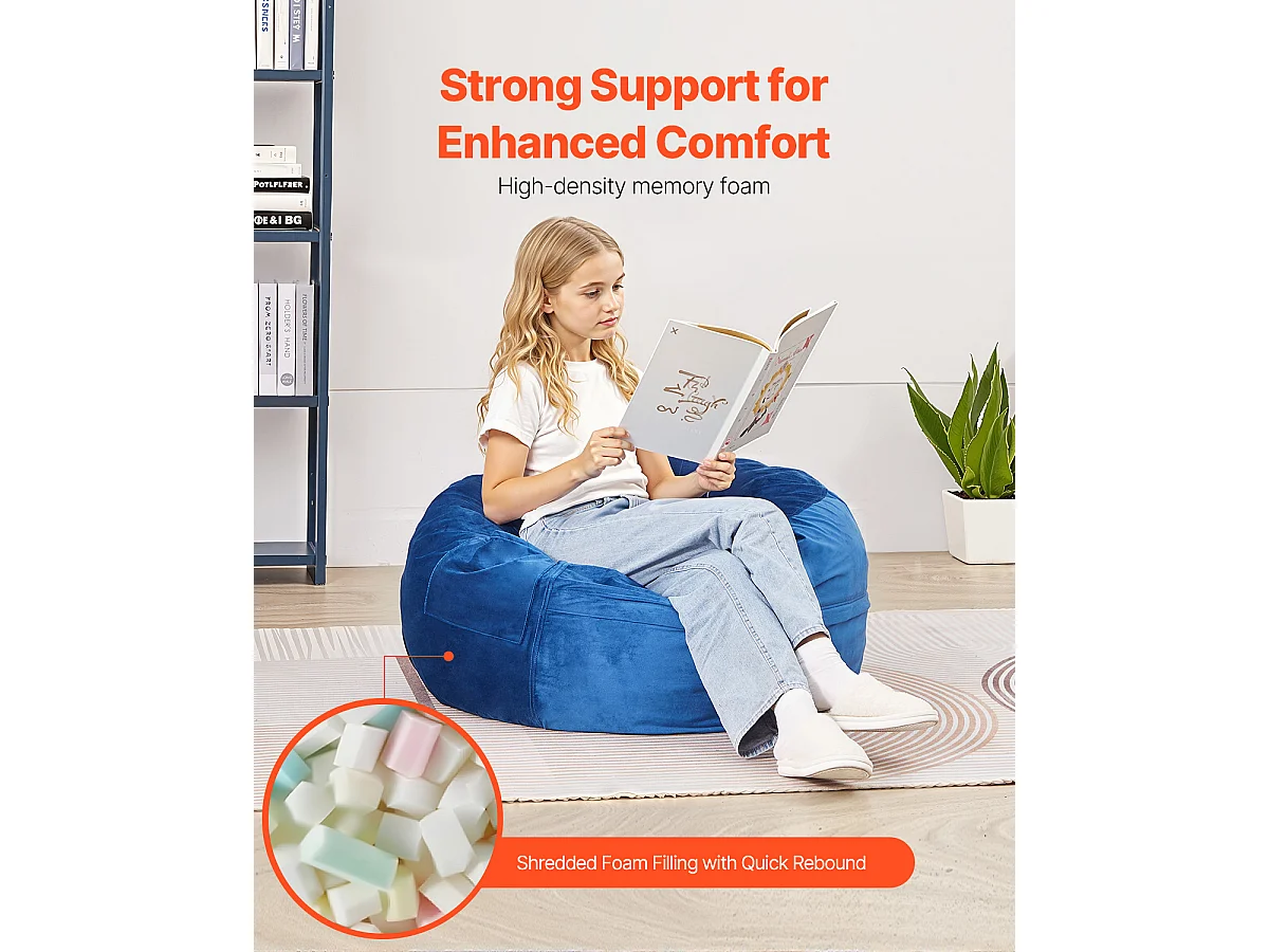 Pouf Rond SucceBuy de 90 cm - Housse Amovible et Lavable. Rempli de Mousse à Mémoire de Forme 25D, Velours Hollandais Doux, Bleu