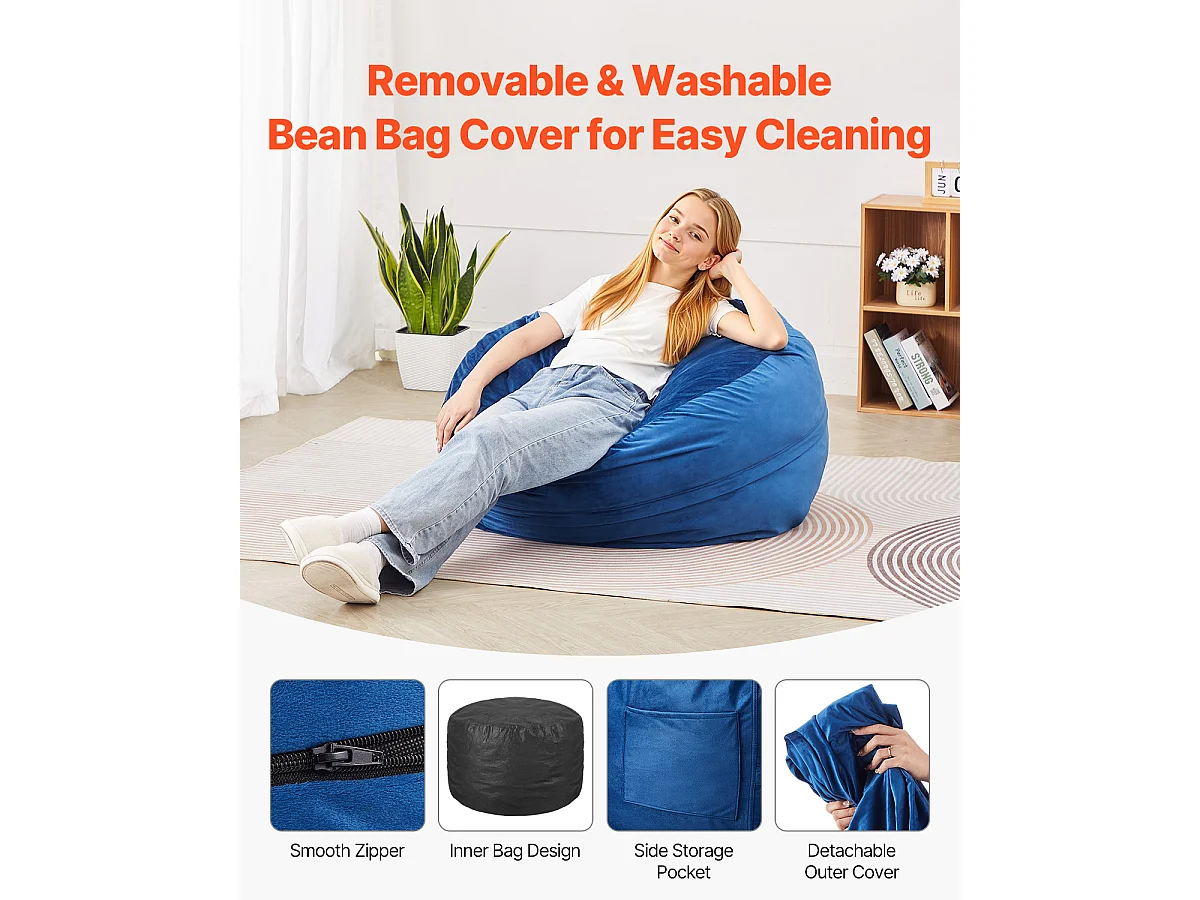 Pouf Rond SucceBuy de 90 cm - Housse Amovible et Lavable. Rempli de Mousse à Mémoire de Forme 25D, Velours Hollandais Doux, Bleu