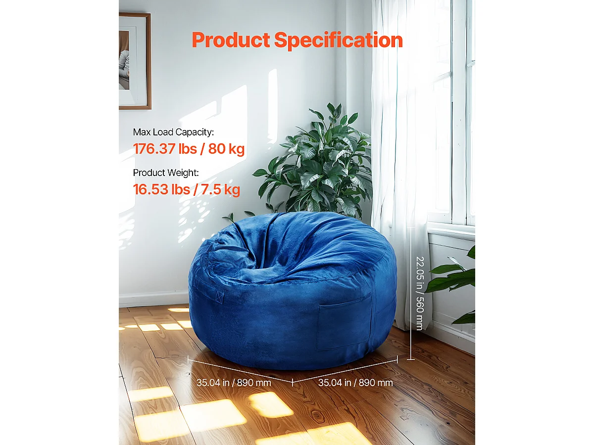 Ronde Poef SucceBuy 90 cm - Afneembare en Wasbare Hoes, Gevuld met 25D Traagschuim, Zachte Hollandse Fluweel, Blauw