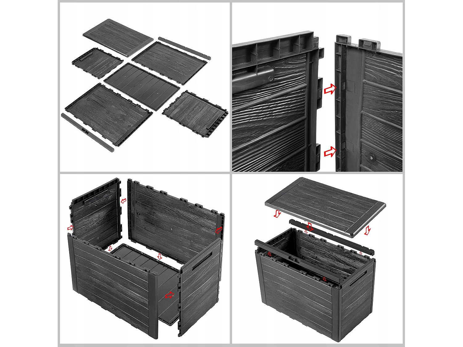 Coffre de jardin KADAX, coffre de rangement en plastique, coffre de jardin pour ranger coussins, jouets pour enfants et coussins d'assise (190 l, anthracite)