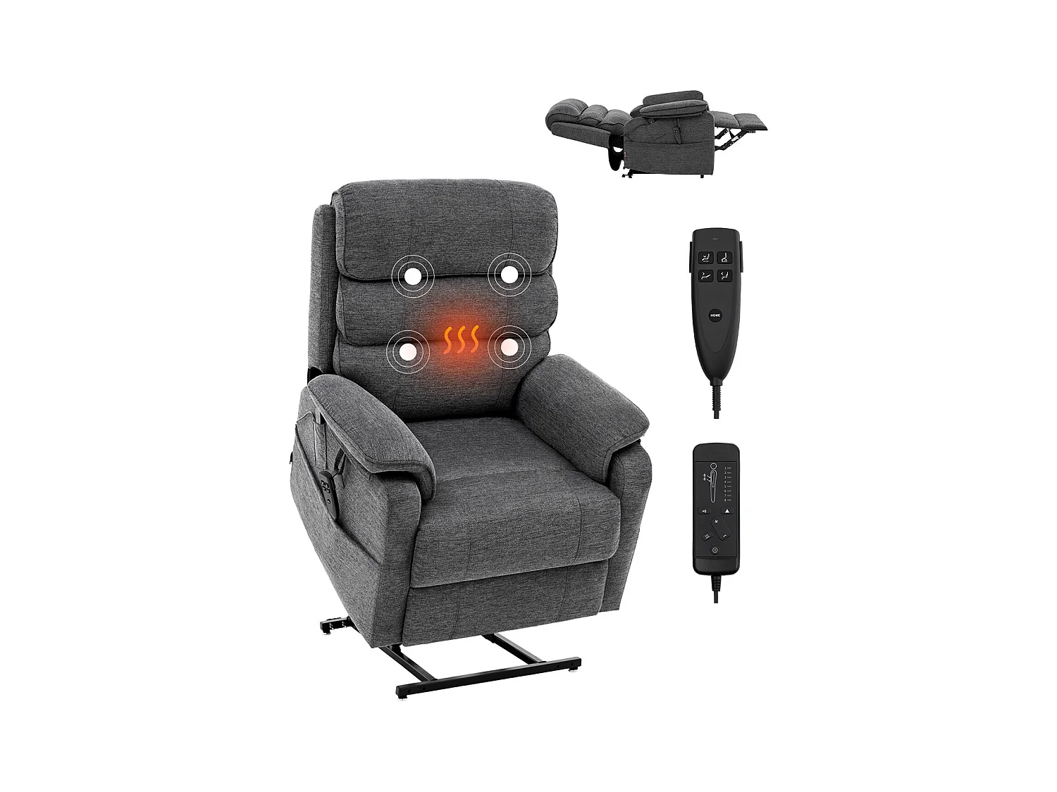 Fauteuil de Massage Électrique SucceBuy, Fauteuil Inclinable, Taille M, Gris Foncé, pour Personnes Âgées, Chauffant et Massant