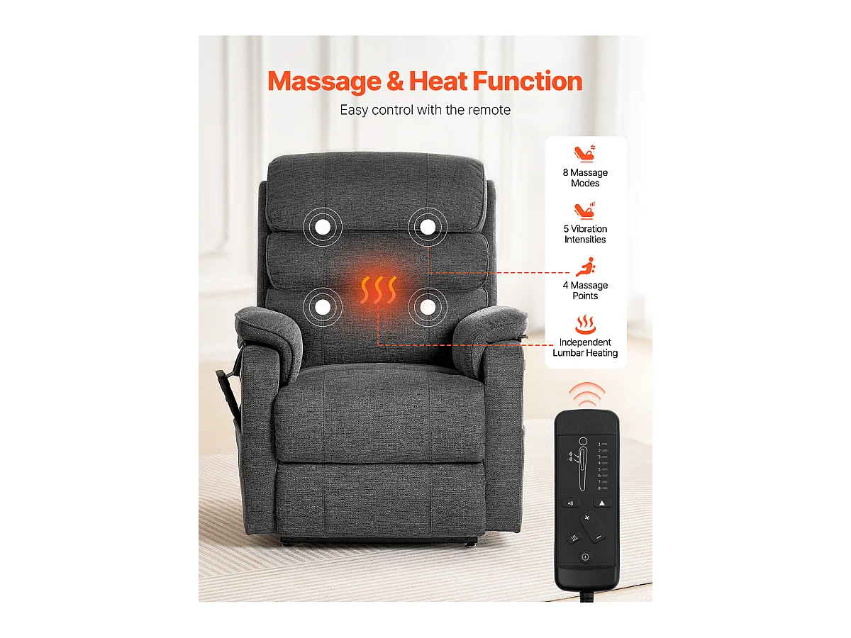 Fauteuil de Massage Électrique SucceBuy, Fauteuil Inclinable, Taille M, Gris Foncé, pour Personnes Âgées, Chauffant et Massant