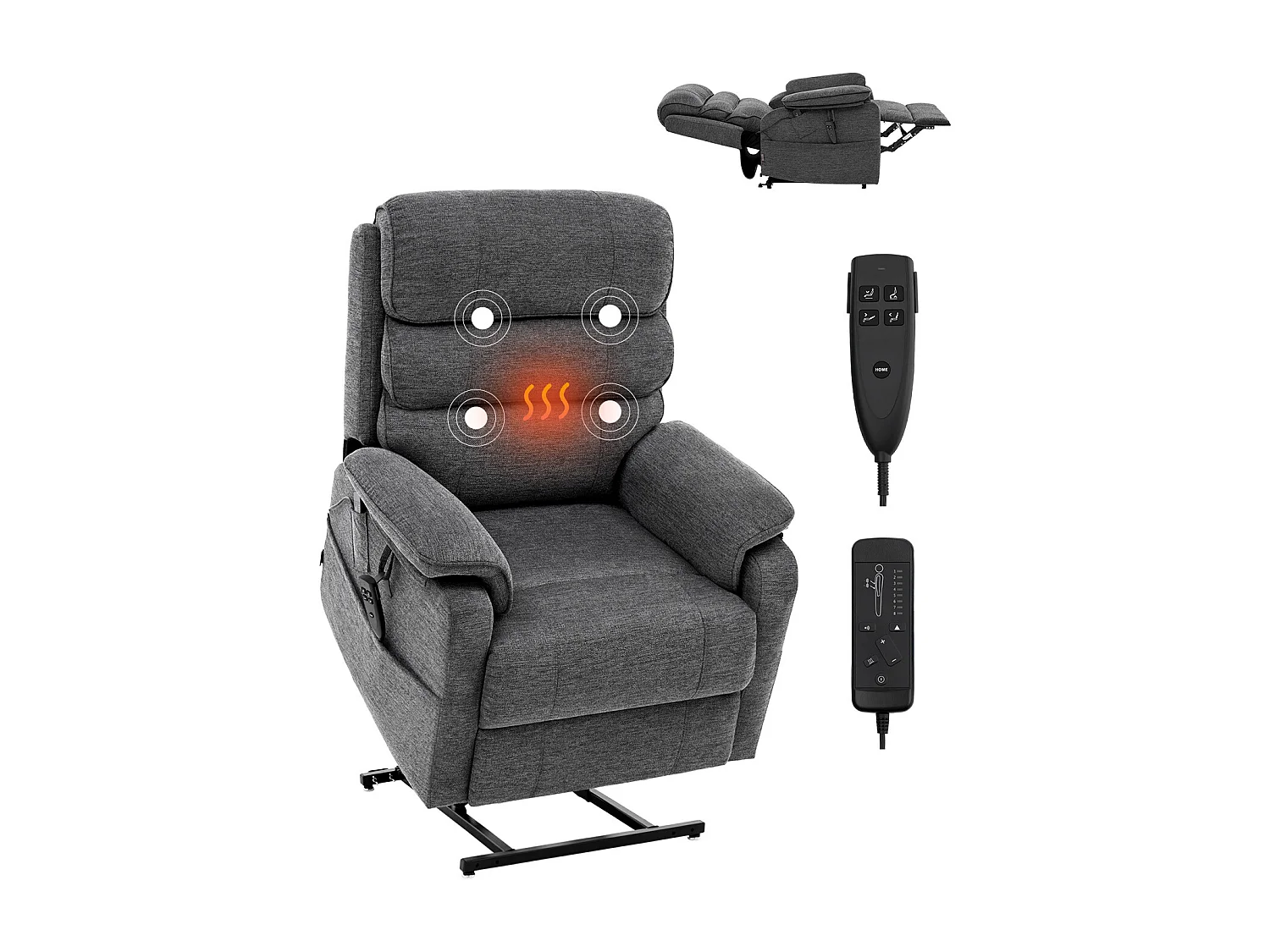 Fauteuil de Massage Électrique SucceBuy, Fauteuil Inclinable, Taille M, Gris Foncé, pour Personnes Âgées, Chauffant et Massant
