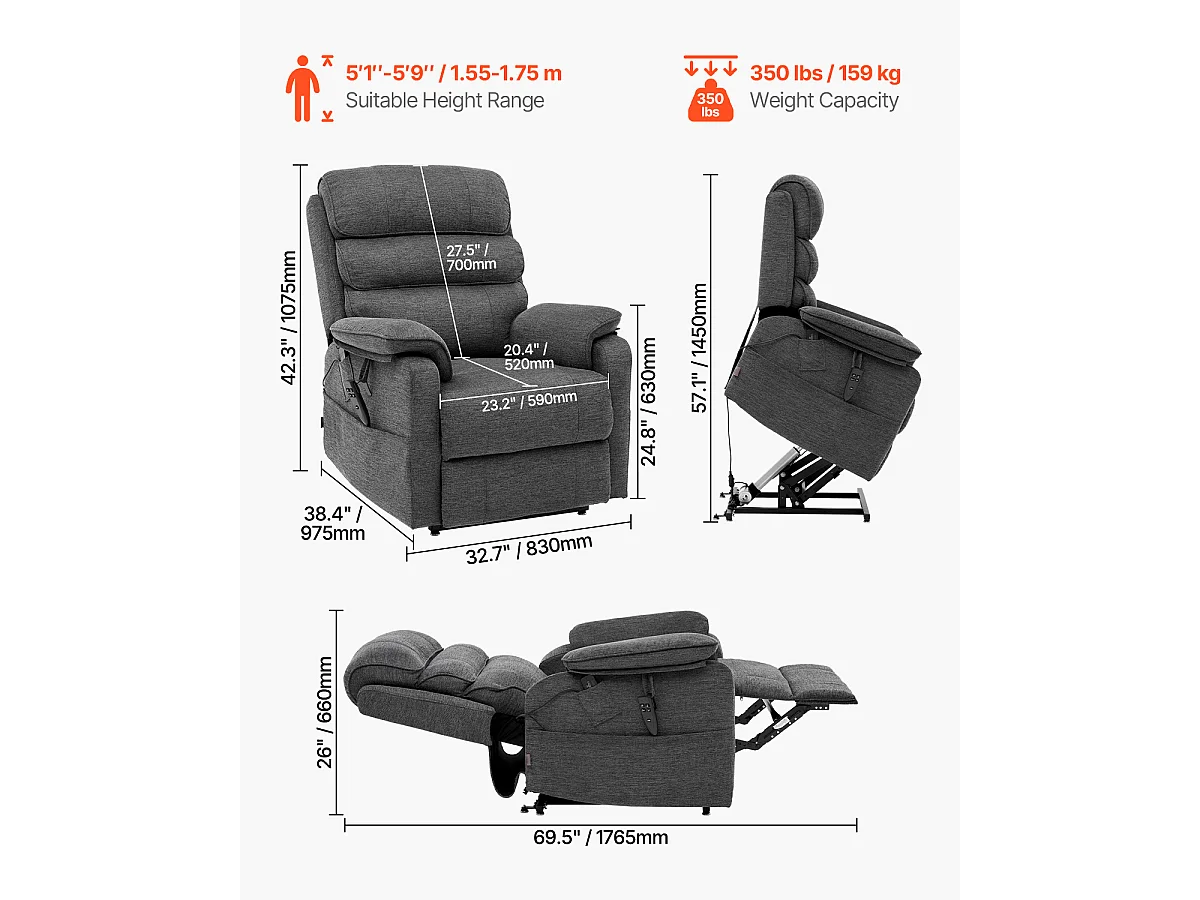 Fauteuil de Massage Électrique SucceBuy, Fauteuil Inclinable, Taille M, Gris Foncé, pour Personnes Âgées, Chauffant et Massant
