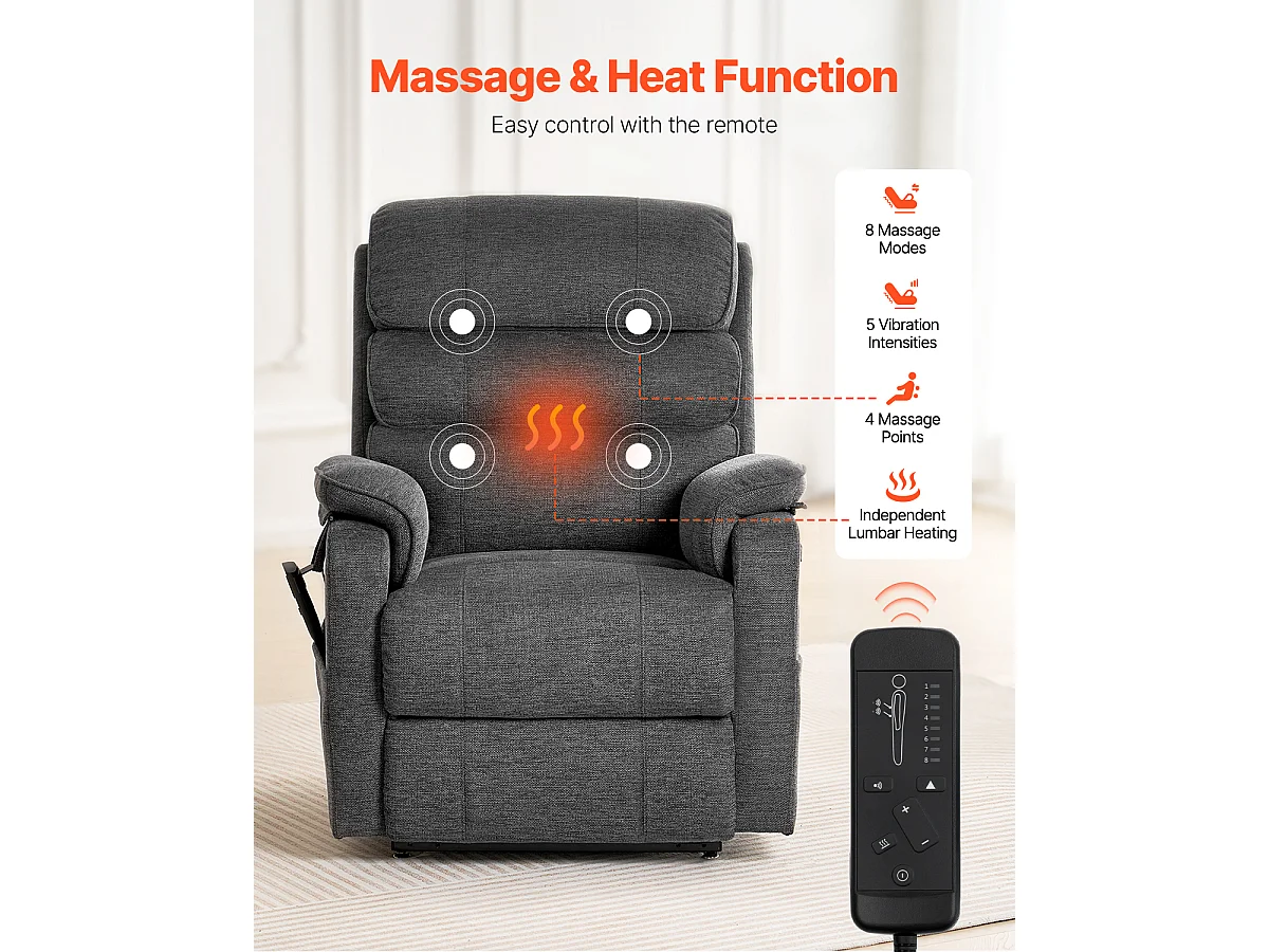 Fauteuil de Massage Électrique SucceBuy, Fauteuil Inclinable, Taille M, Gris Foncé, pour Personnes Âgées, Chauffant et Massant