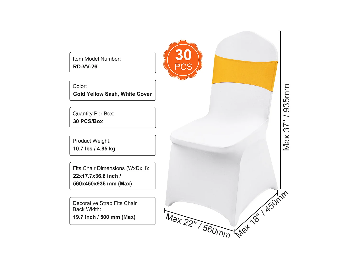 Housse de Chaise SucceBuy 30 pcs, Or et Blanc, de Chaise Pliantes avec Ceintures pour Fête et Mariage