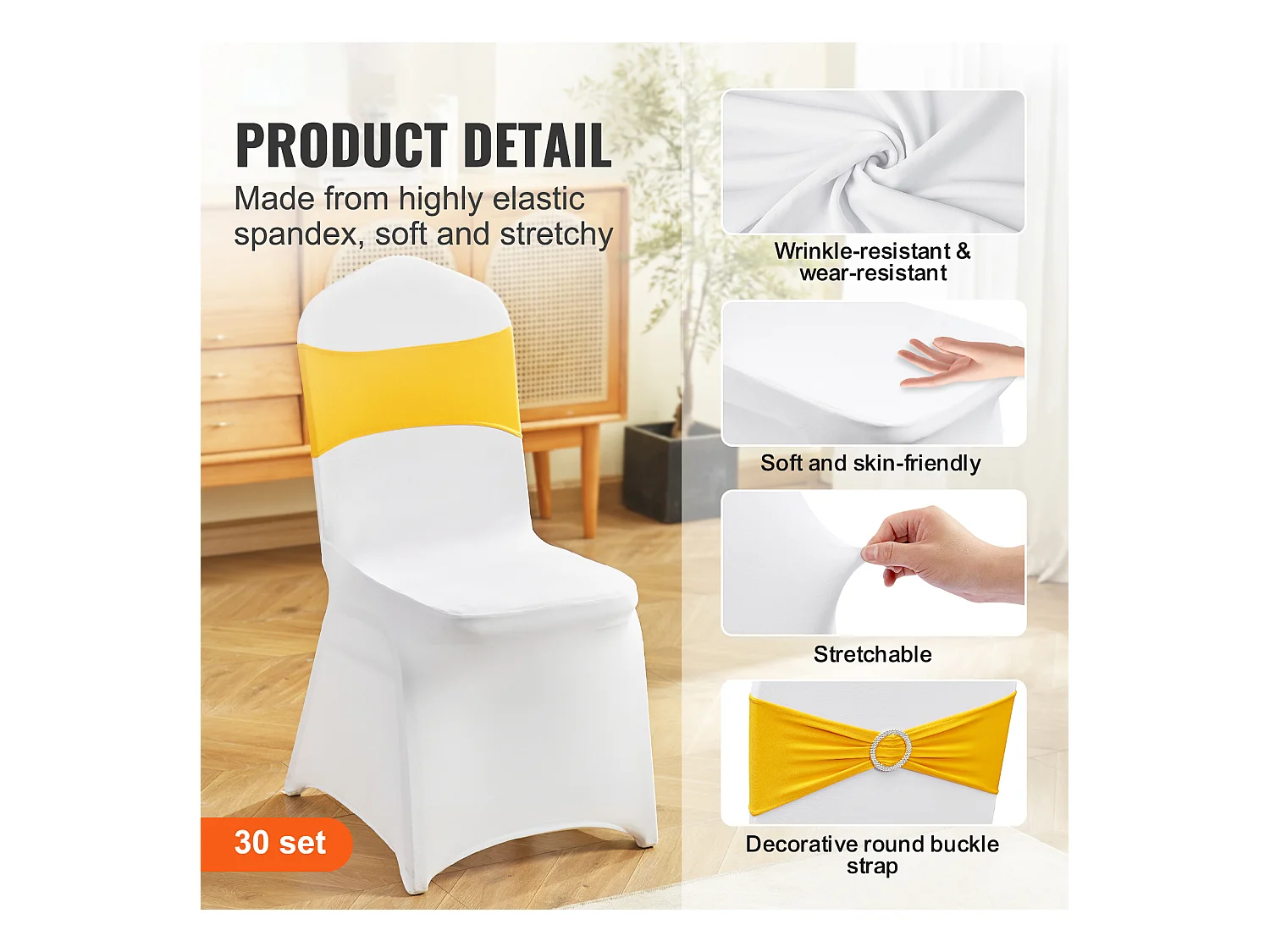 Housse de Chaise SucceBuy 30 pcs, Or et Blanc, de Chaise Pliantes avec Ceintures pour Fête et Mariage