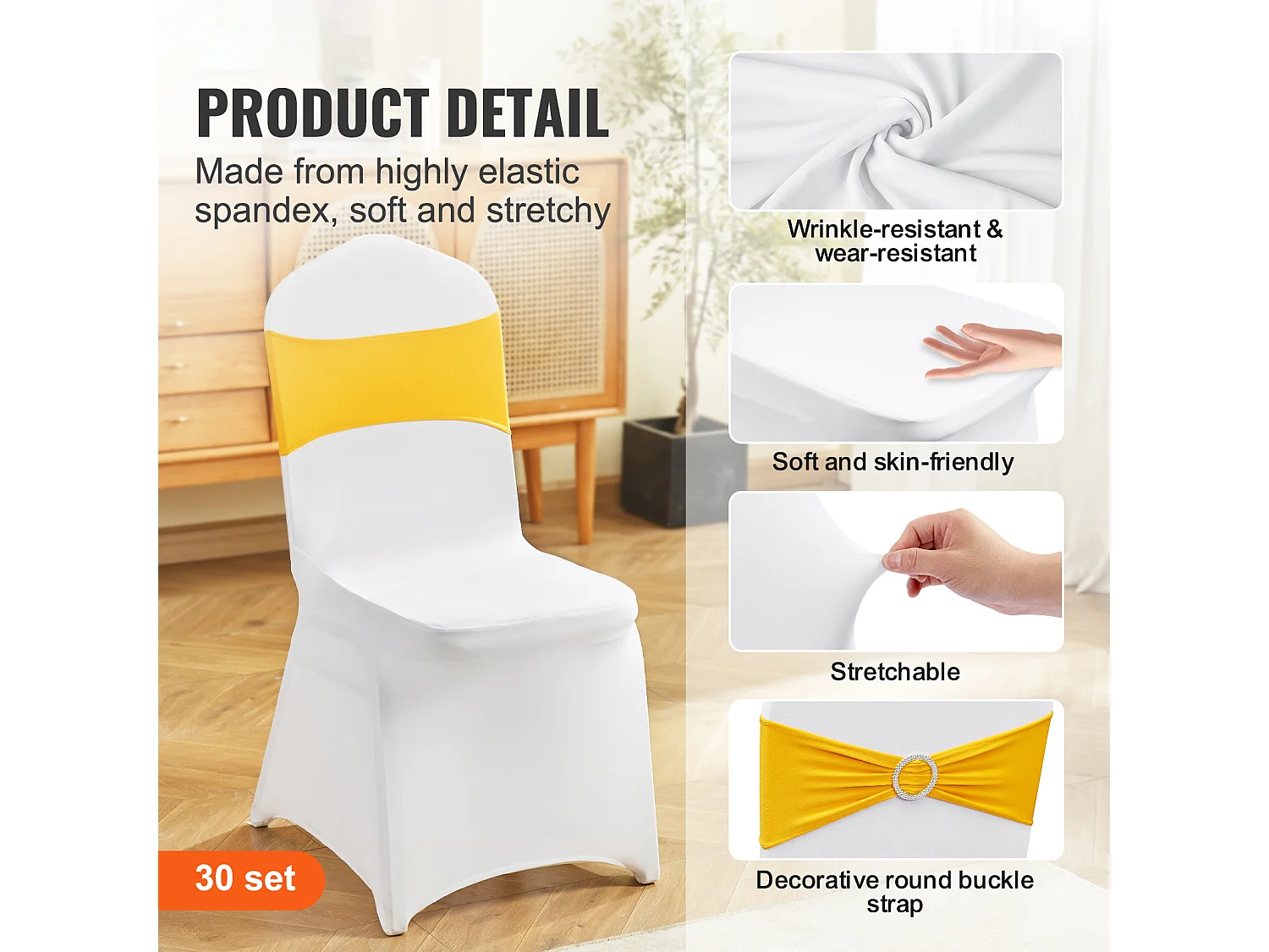 Housse de Chaise SucceBuy 30 pcs, Or et Blanc, de Chaise Pliantes avec Ceintures pour Fête et Mariage