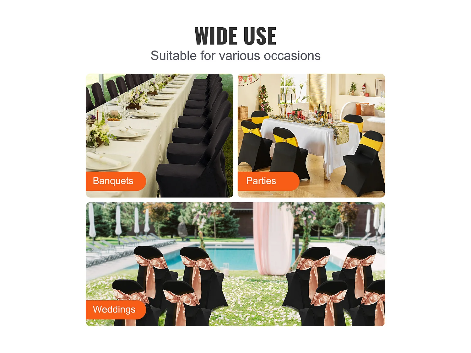 Housse de Chaise SucceBuy, 30 Pcs, Noir, Housses de Chaise Pliantes en Élasthanne Extensible, pour le Mariage, les Vacances, le Banquet, la Fête, la Célébration