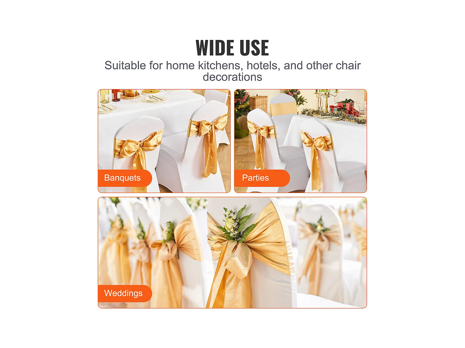 Housse de Chaise SucceBuy, 50 Pcs, Doré, Housse de Chaise avec Bandes Élastiques, pour la Décoration de Chaise de Mariage