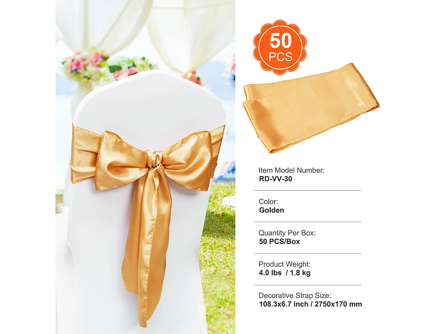 Housse de Chaise SucceBuy, 50 Pcs, Doré, Housse de Chaise avec Bandes Élastiques, pour la Décoration de Chaise de Mariage