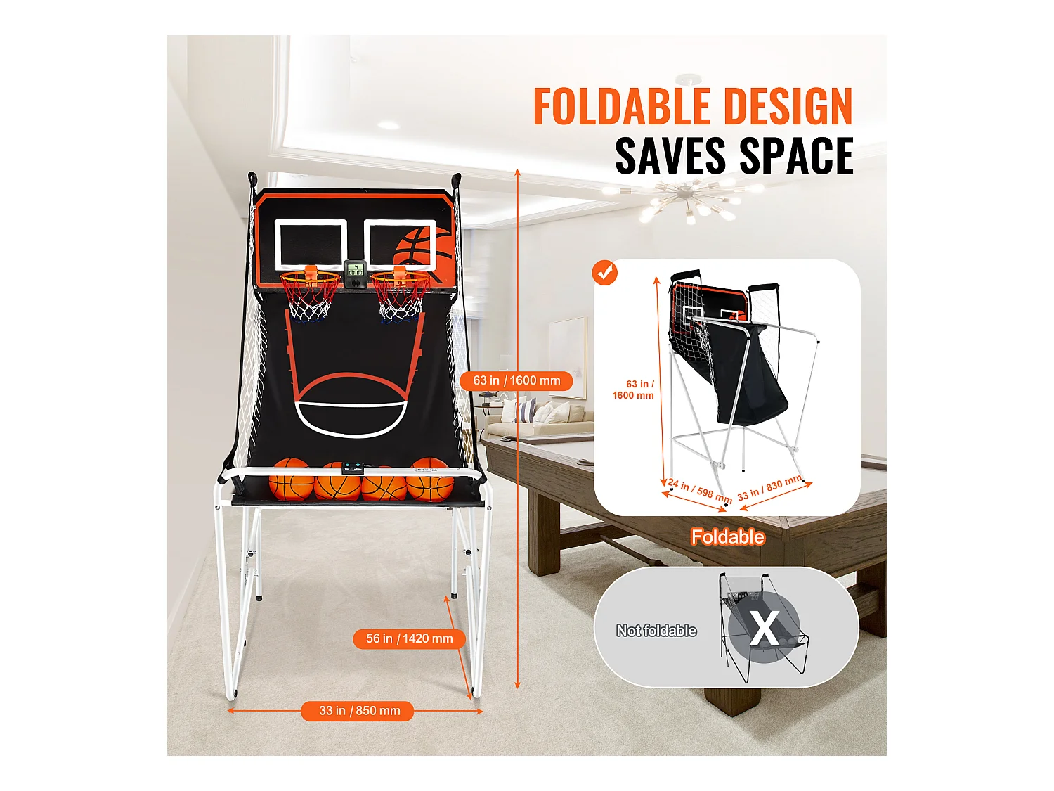 Jeu d'Arcade de Basketball SucceBuy Pliable d'Intérieur à Double Tir pour 2 Joueurs et 4 Balles