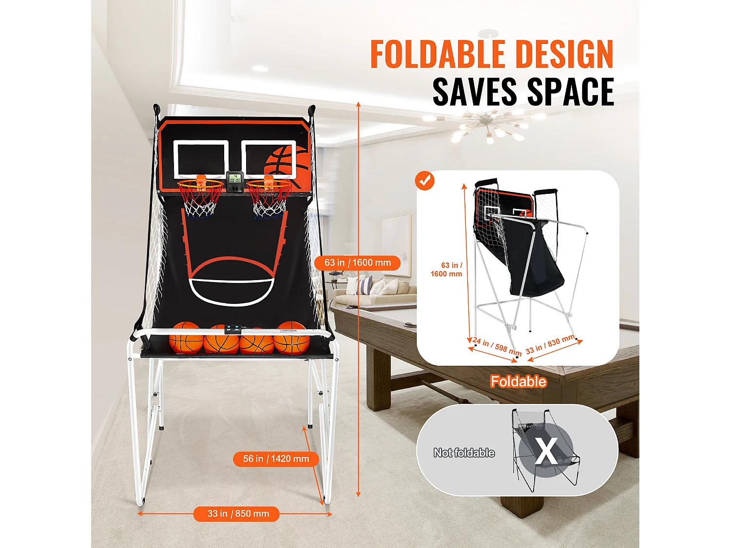 Jeu d'Arcade de Basketball SucceBuy Pliable d'Intérieur à Double Tir pour 2 Joueurs et 4 Balles