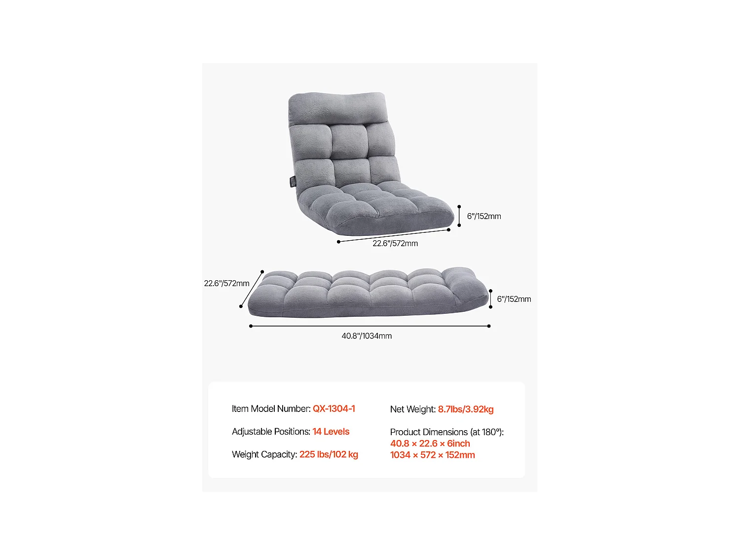 Fauteuil de Sol SucceBuy, Fauteuil Pliant en Mousse Recyclée, Fauteuil Canapé Pliant avec 14 Positions Réglables, Gris