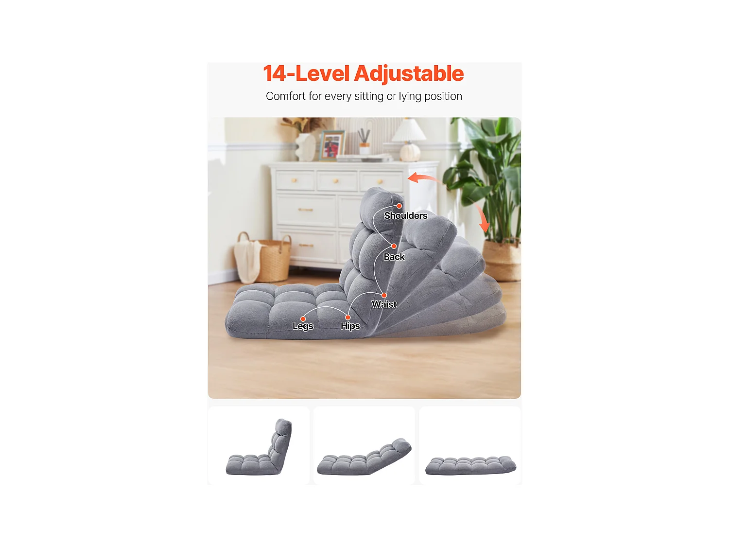 Fauteuil de Sol SucceBuy, Fauteuil Pliant en Mousse Recyclée, Fauteuil Canapé Pliant avec 14 Positions Réglables, Gris