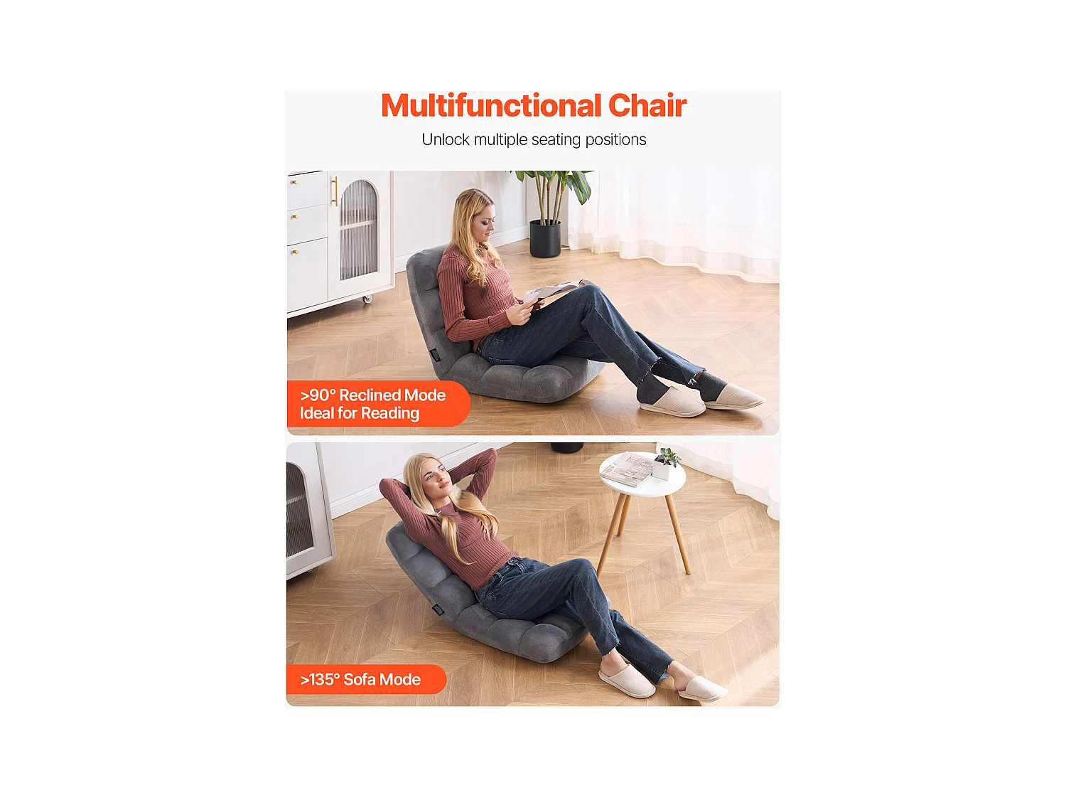 Fauteuil de Sol SucceBuy, Fauteuil Pliant en Mousse Recyclée, Fauteuil Canapé Pliant avec 14 Positions Réglables, Gris