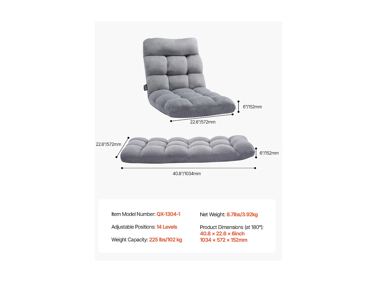 Fauteuil de Sol SucceBuy, Fauteuil Pliant en Mousse Recyclée, Fauteuil Canapé Pliant avec 14 Positions Réglables, Gris