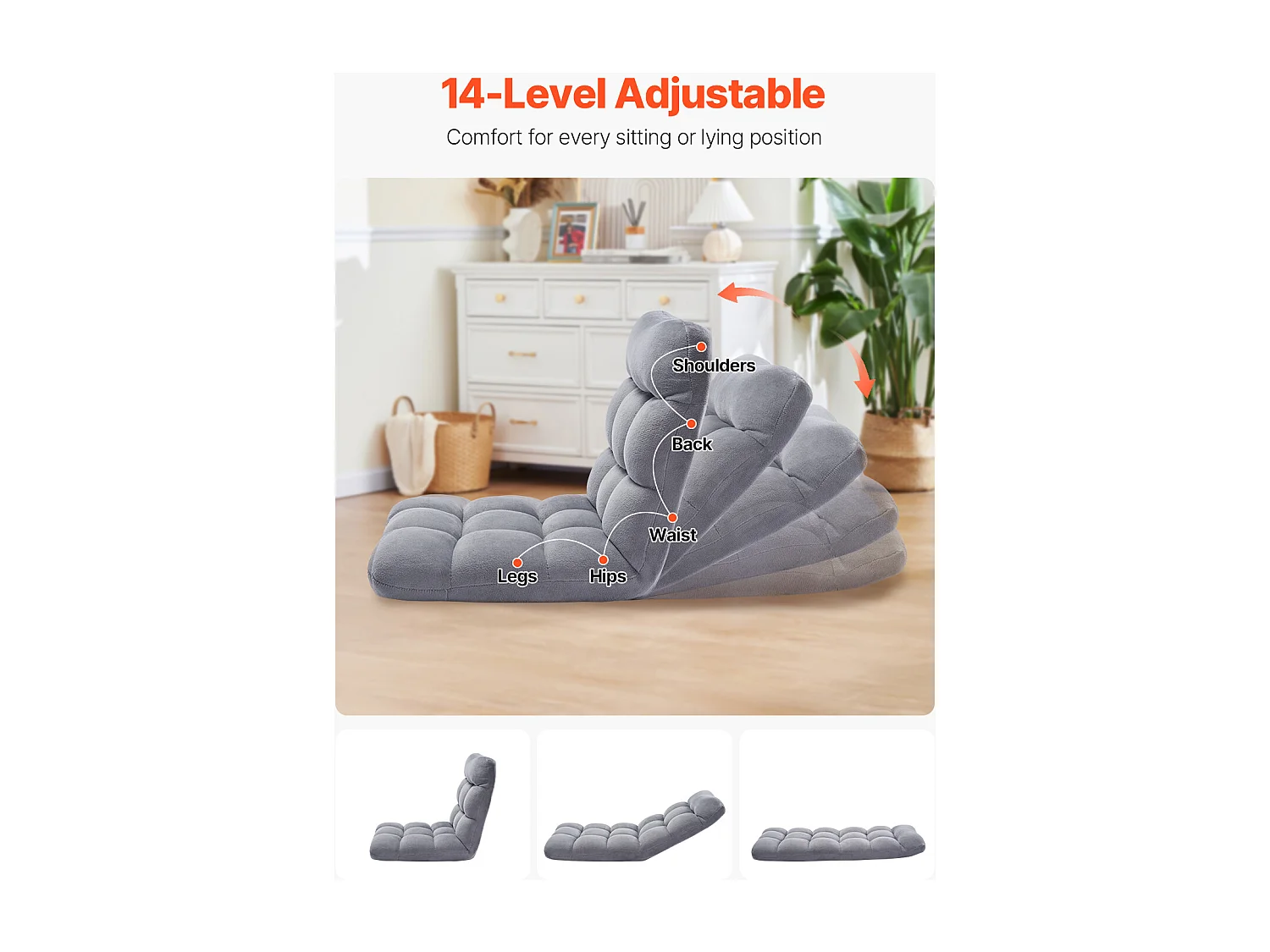 Fauteuil de Sol SucceBuy, Fauteuil Pliant en Mousse Recyclée, Fauteuil Canapé Pliant avec 14 Positions Réglables, Gris