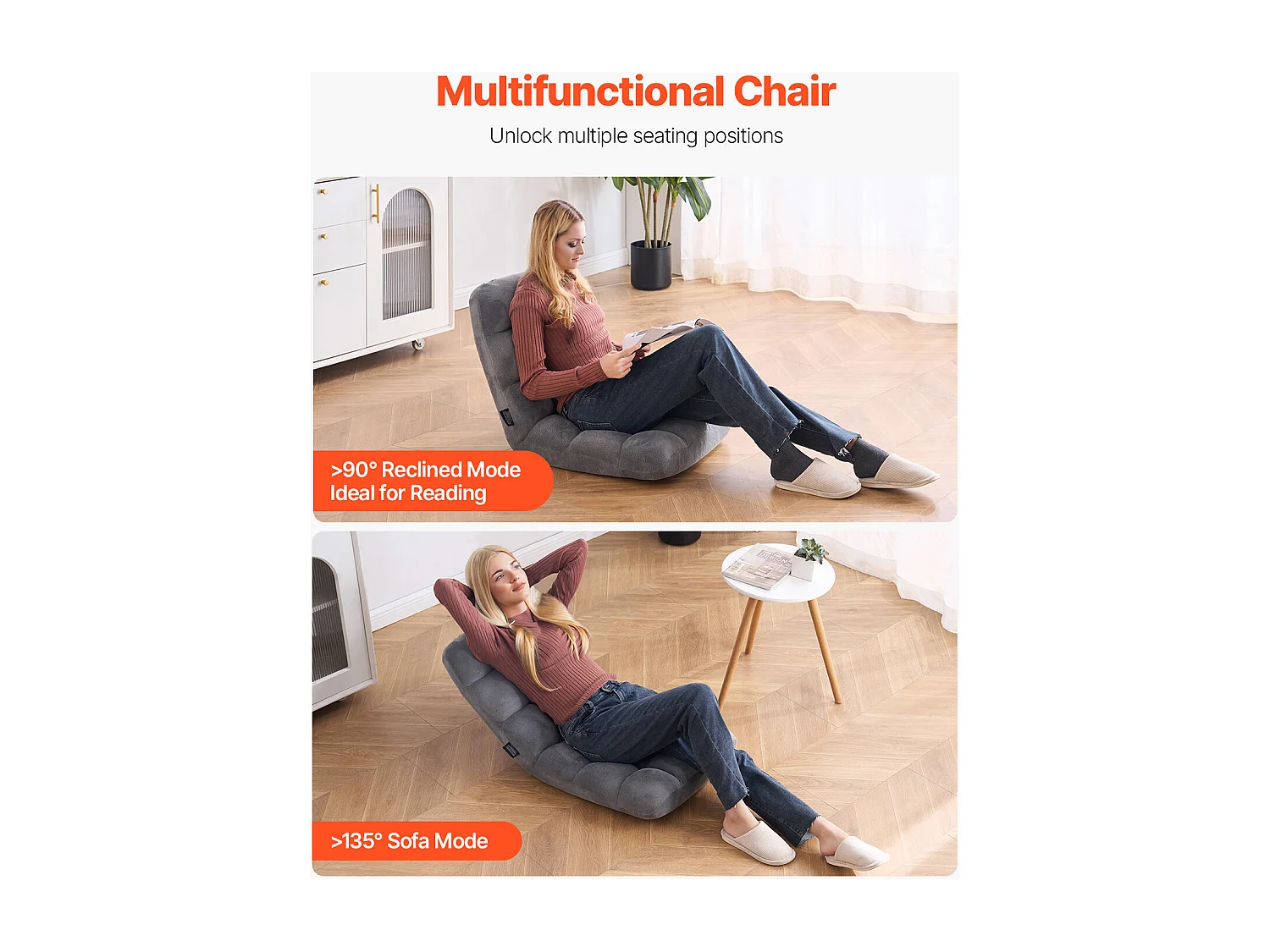 Fauteuil de Sol SucceBuy, Fauteuil Pliant en Mousse Recyclée, Fauteuil Canapé Pliant avec 14 Positions Réglables, Gris