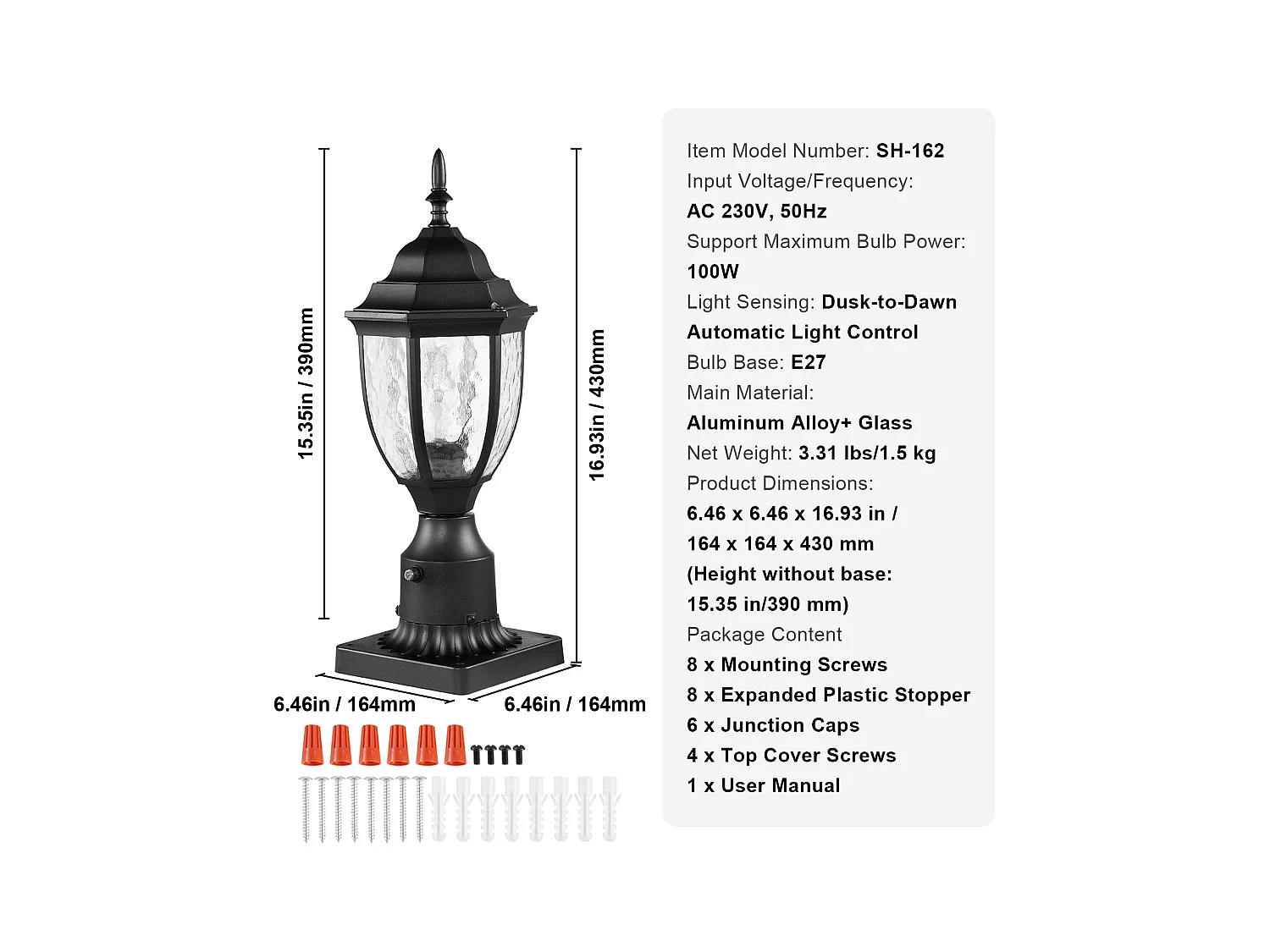 Lampadaire d'Extérieur SucceBuy, Lampadaires d'Extérieur du Crépuscule à l'Aube, Lot de 2, 100 W, sur Poteau de 390 mm